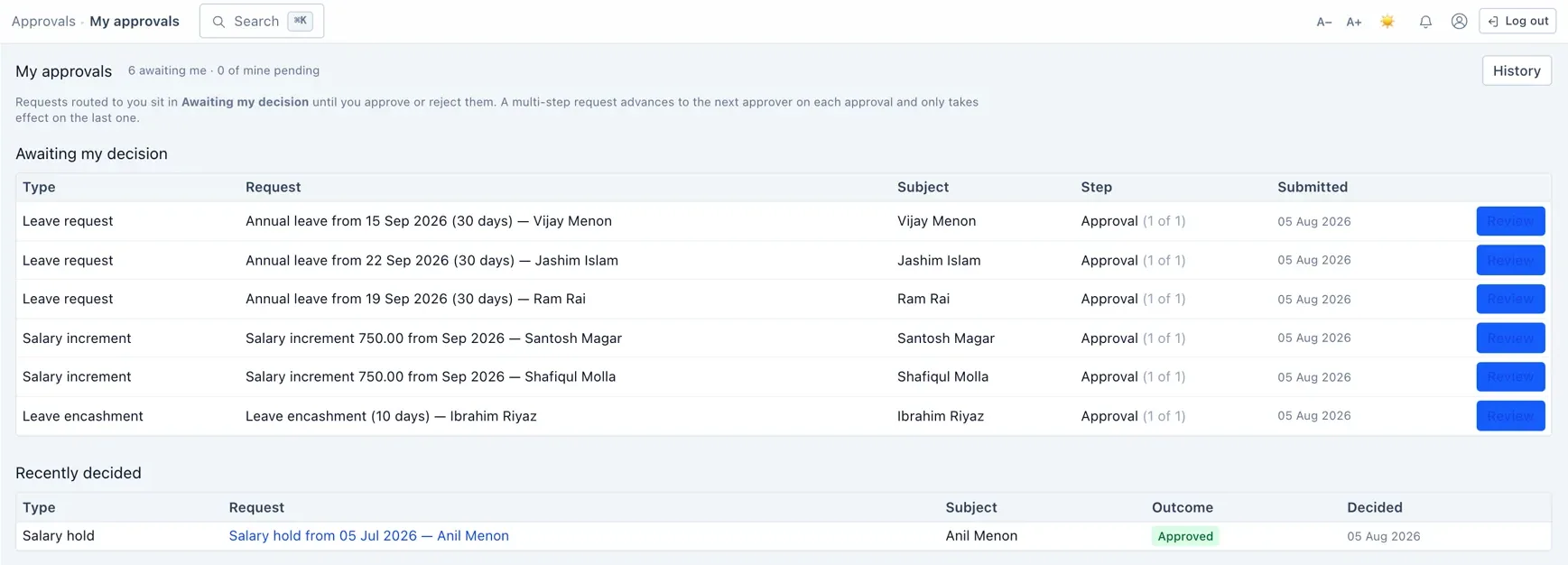 The approvals inbox — requests routed to you wait under “Awaiting my decision”.