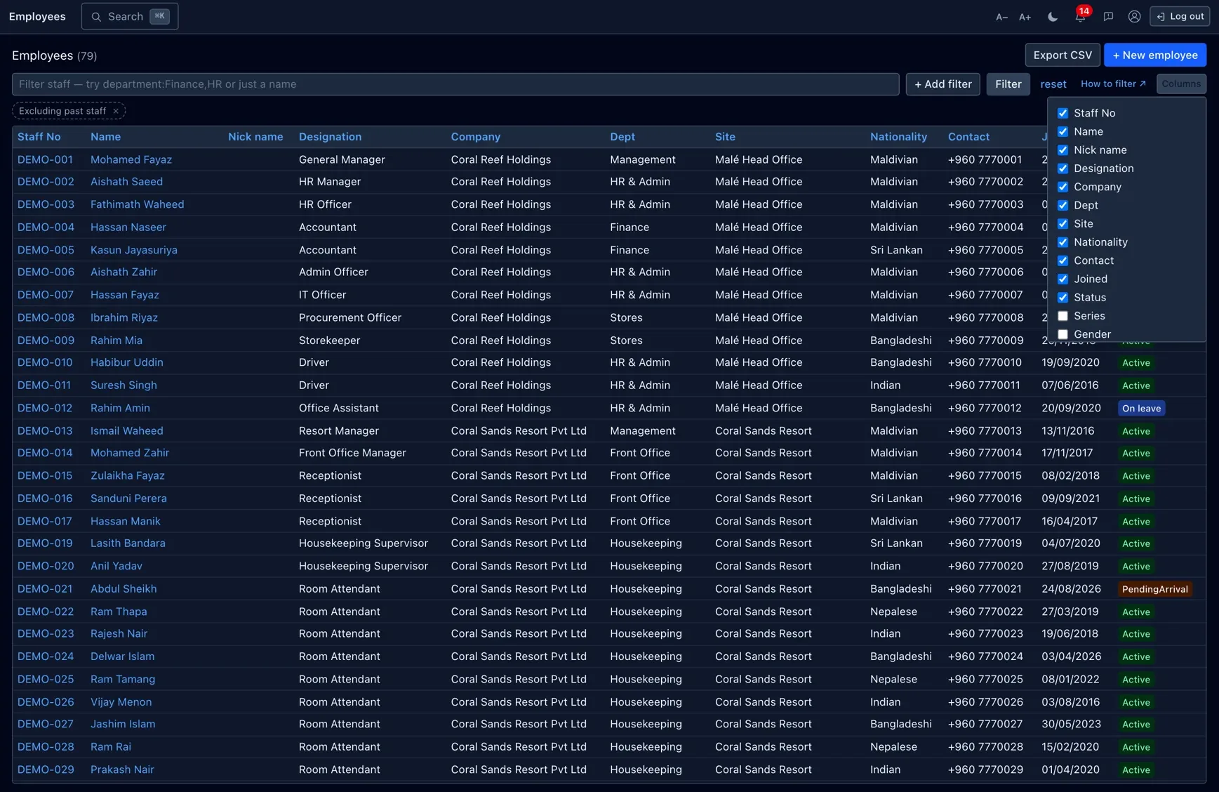 The Columns menu — show or hide any column to shape the view.