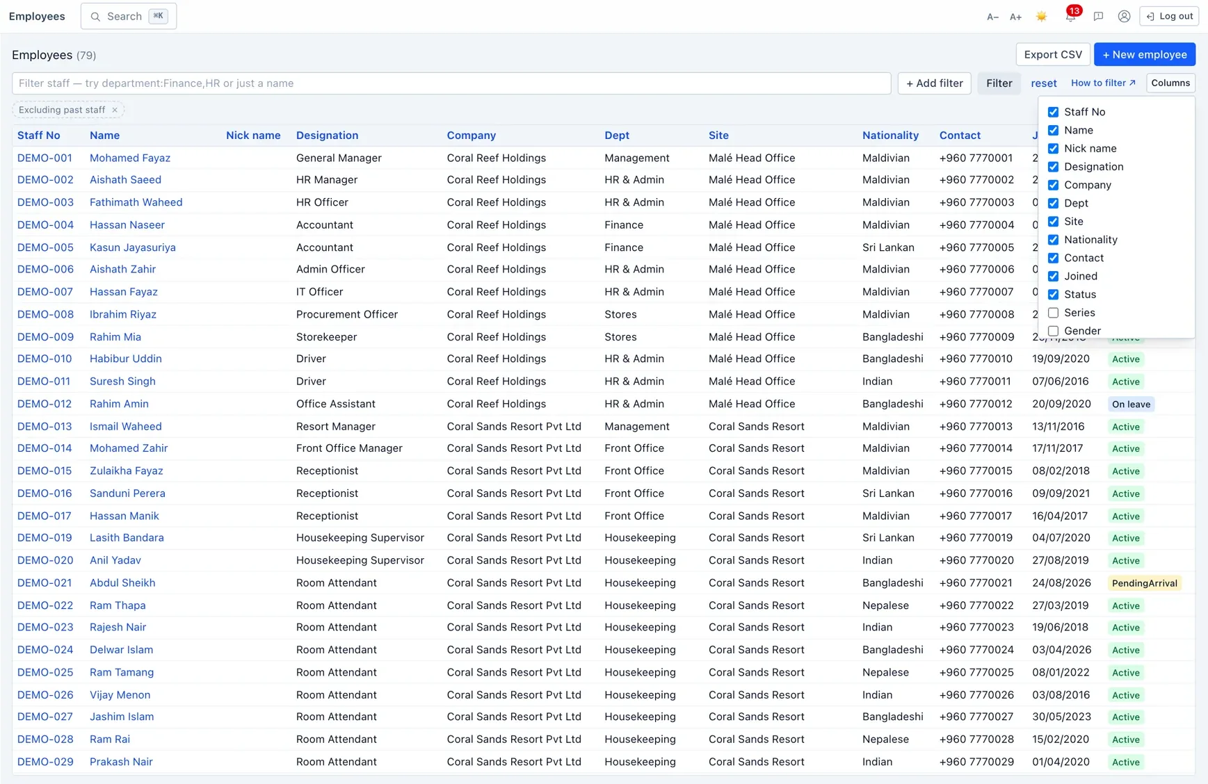 The Columns menu — show or hide any column to shape the view.