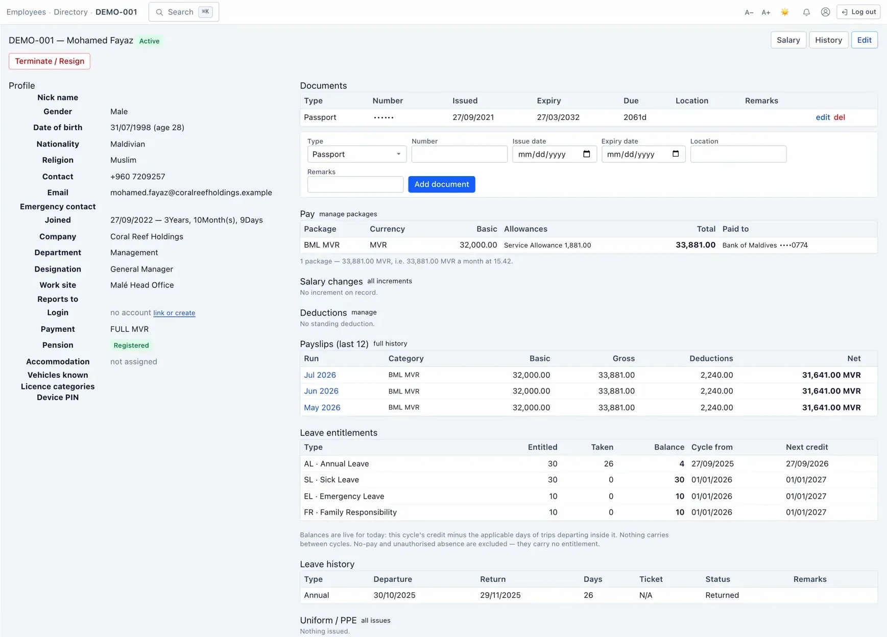 A staff profile — documents, pay, leave balances and history on one page.
