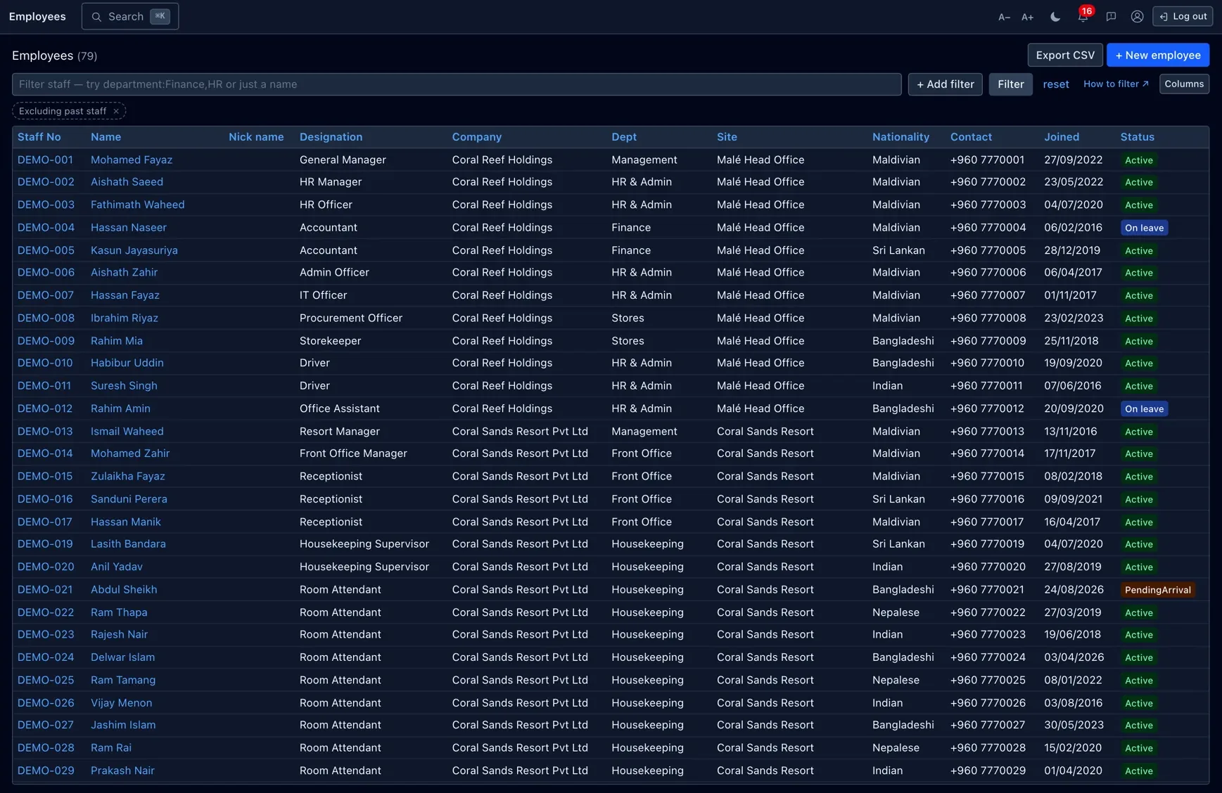 The staff directory — every record, filterable, with quick access to each profile.