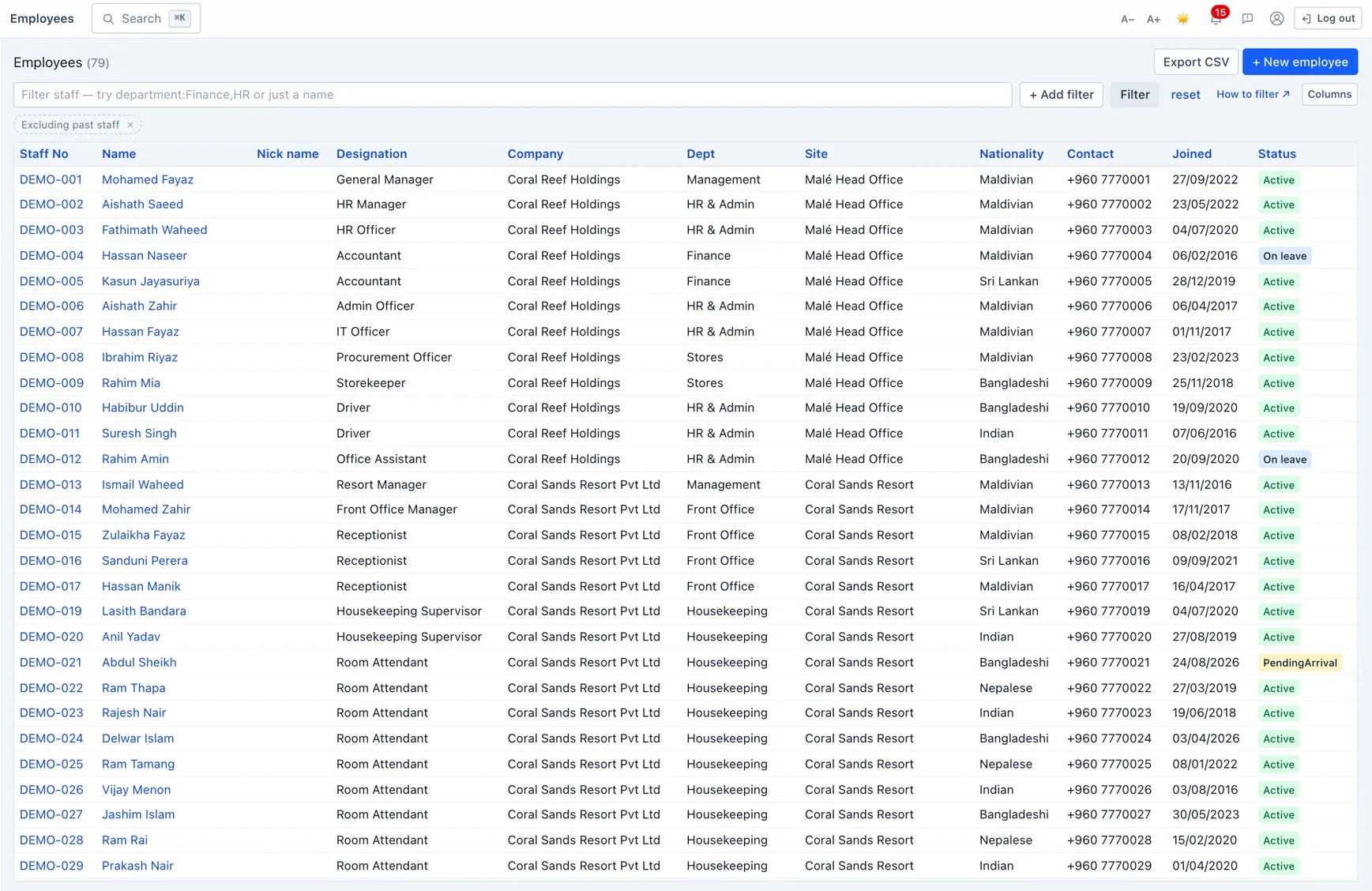 The staff directory — every record, filterable, with quick access to each profile.