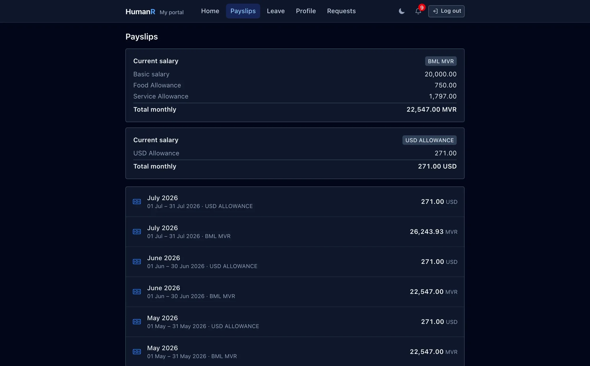 An employee’s payslips in the self-service portal — current and past, ready to open.