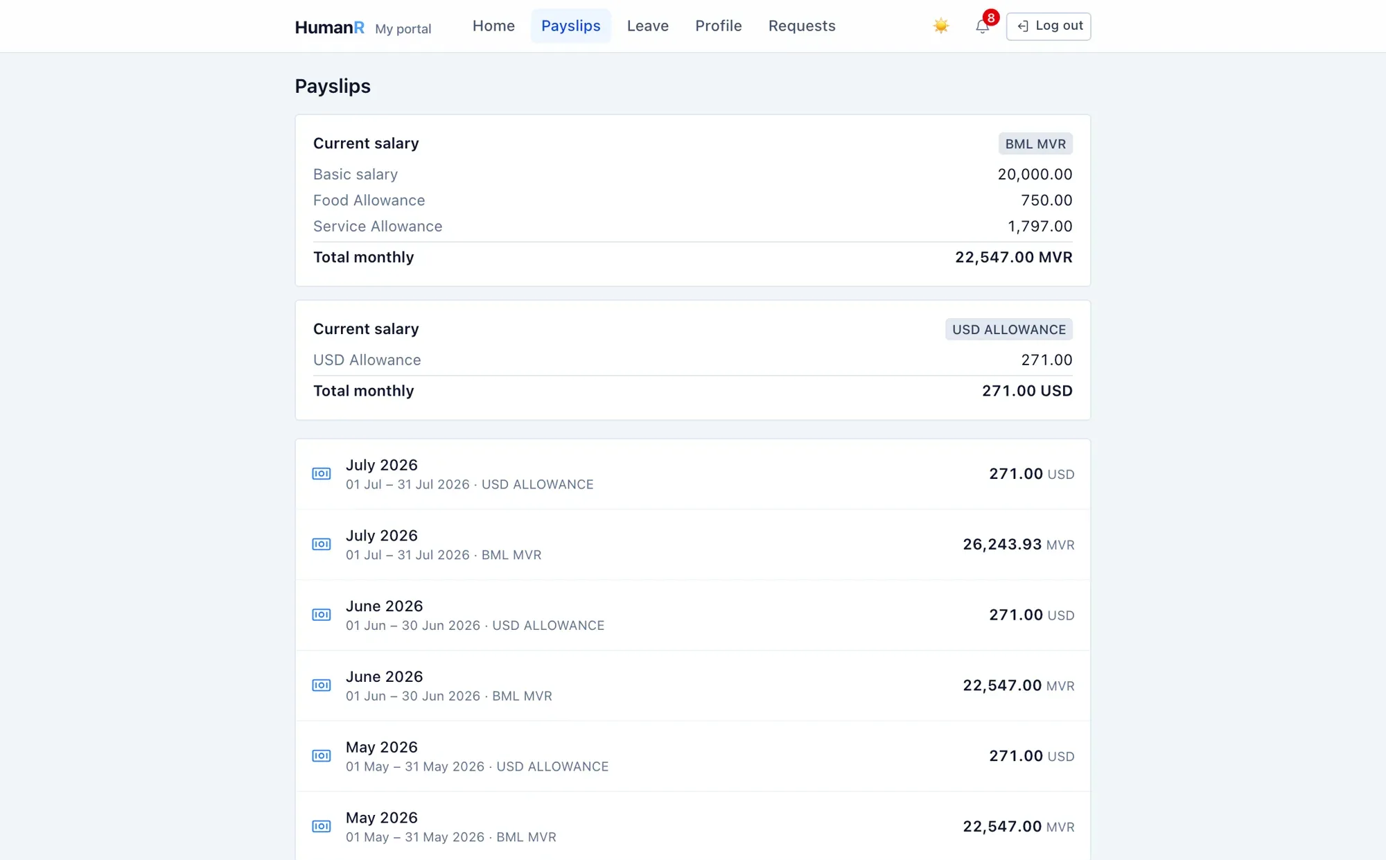 An employee’s payslips in the self-service portal — current and past, ready to open.