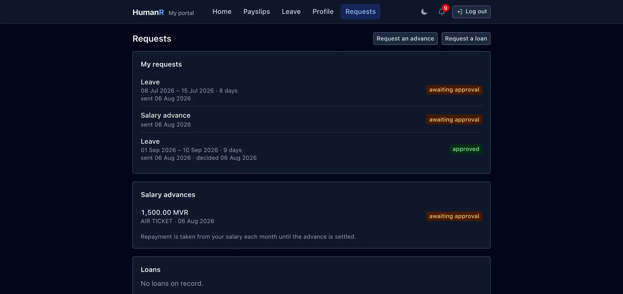 The employee’s own requests — leave, advances and loans, with live status.