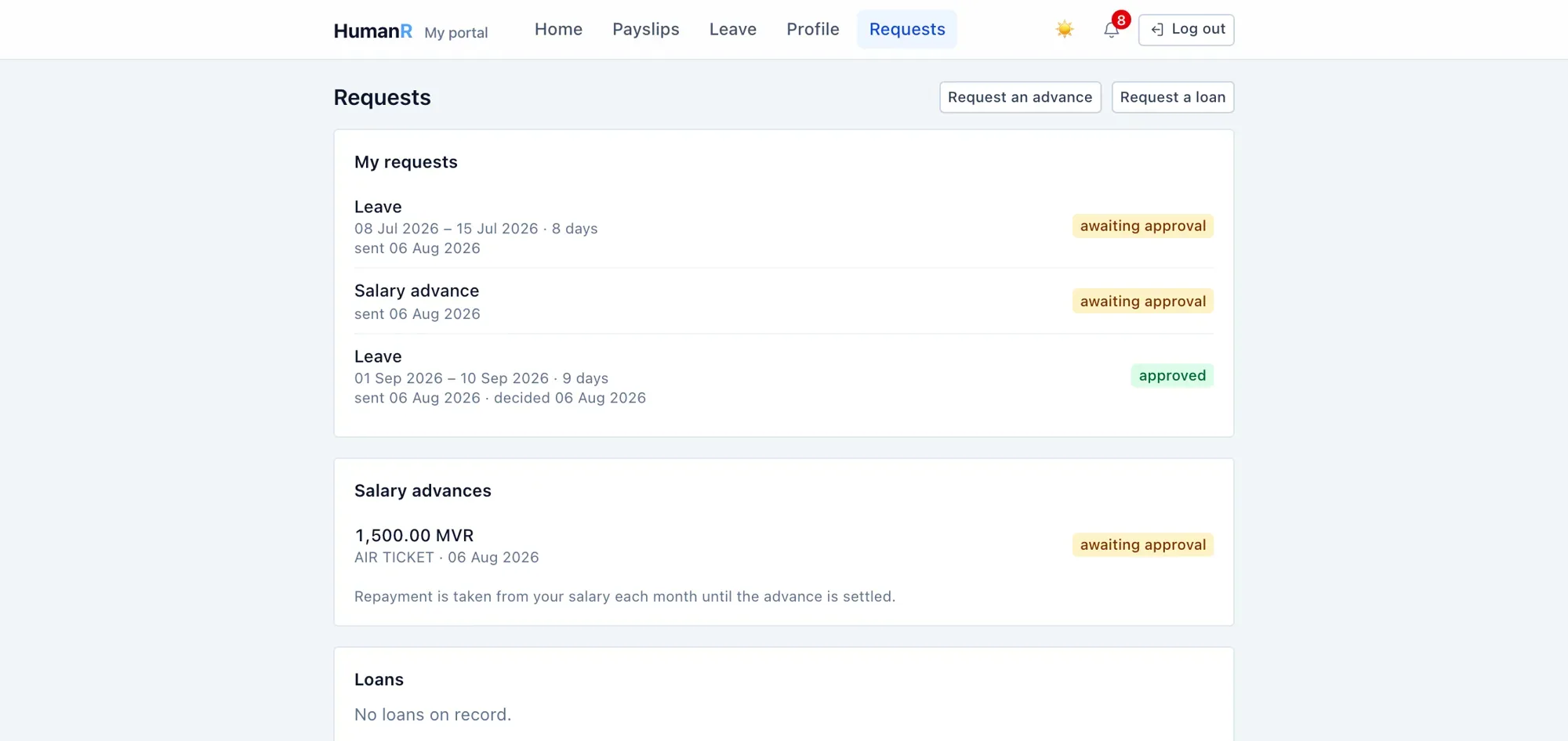 The employee’s own requests — leave, advances and loans, with live status.