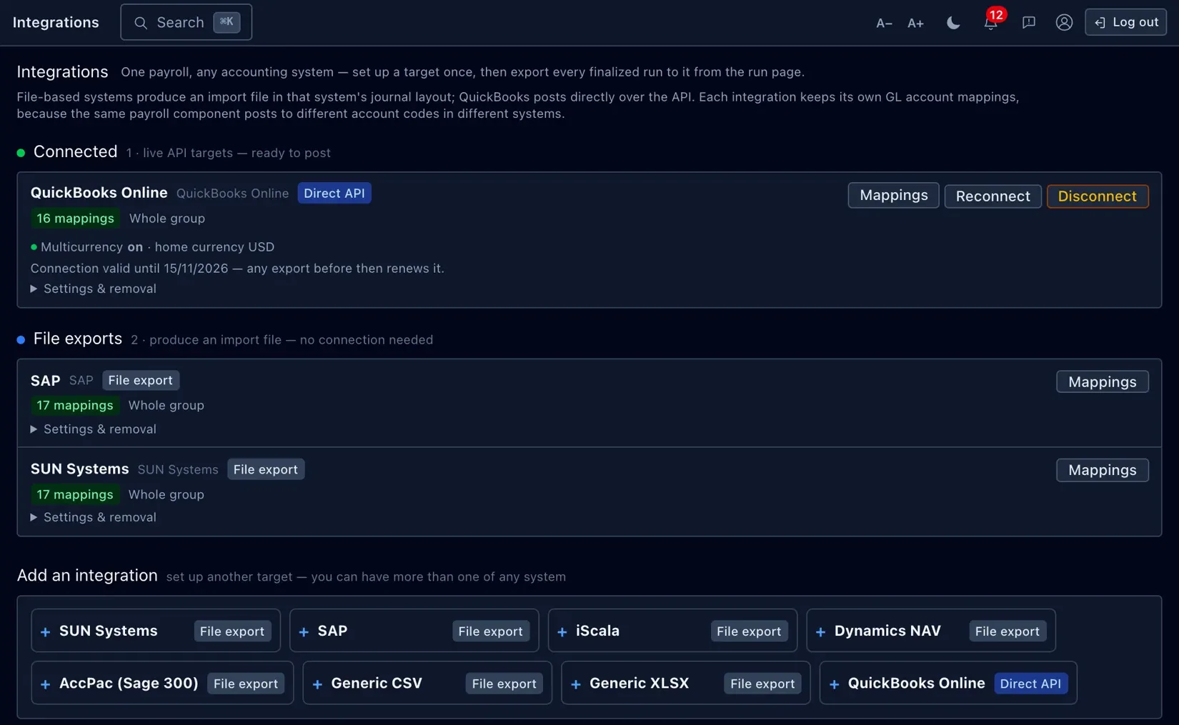 The integrations hub — connect QuickBooks Online directly, or add a file-format export.