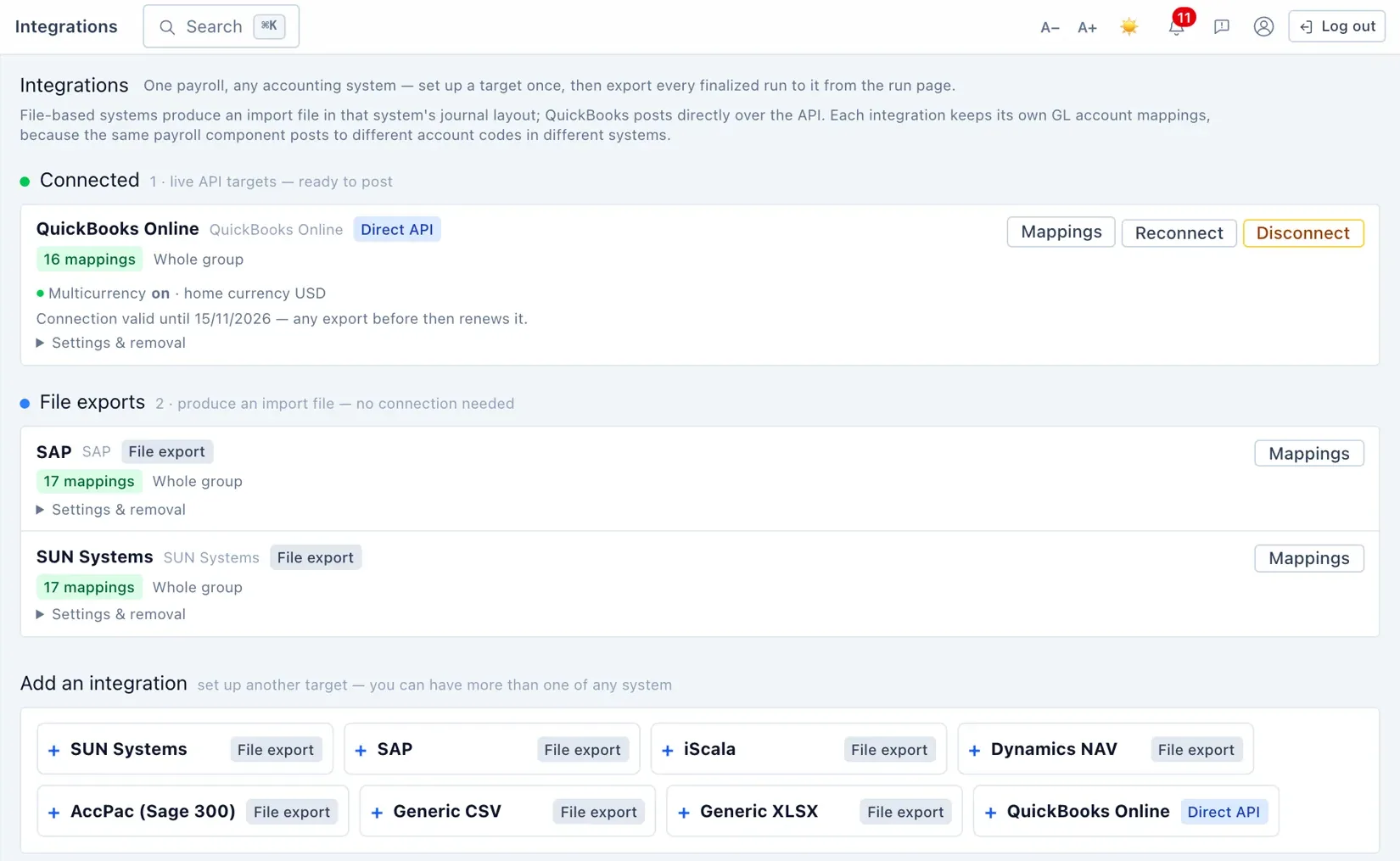 The integrations hub — connect QuickBooks Online directly, or add a file-format export.
