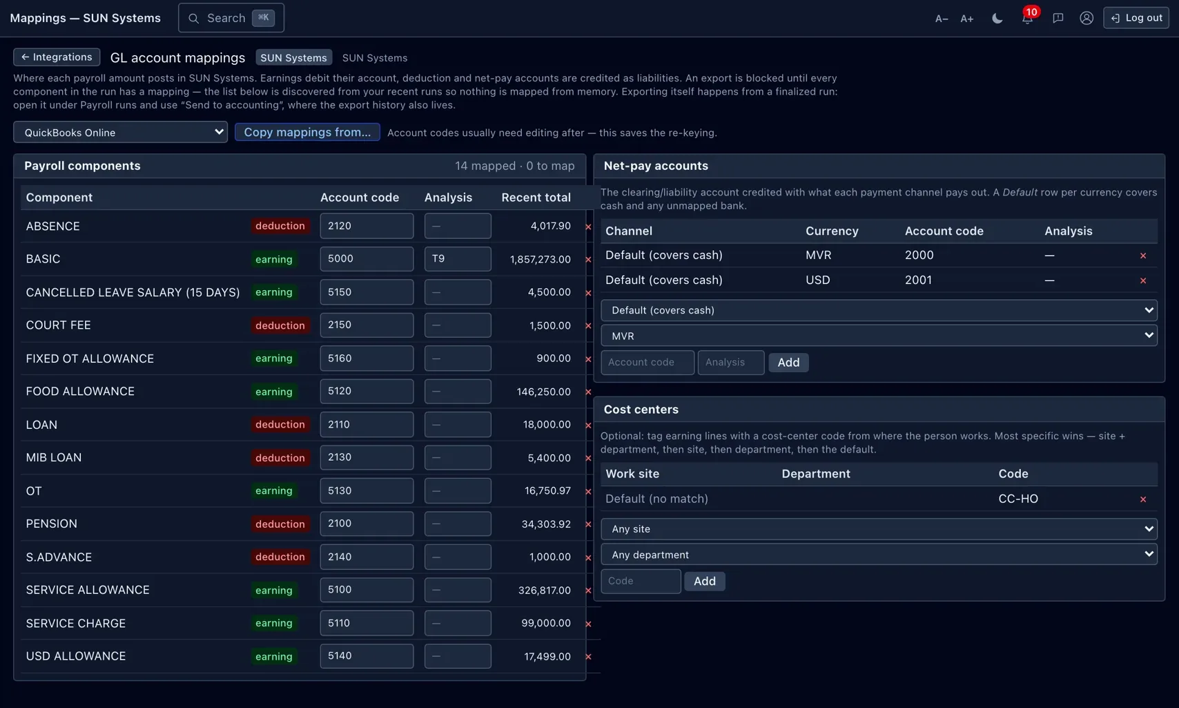 Mapping pay components, cost centres and net pay to your ledger accounts — set once per integration.