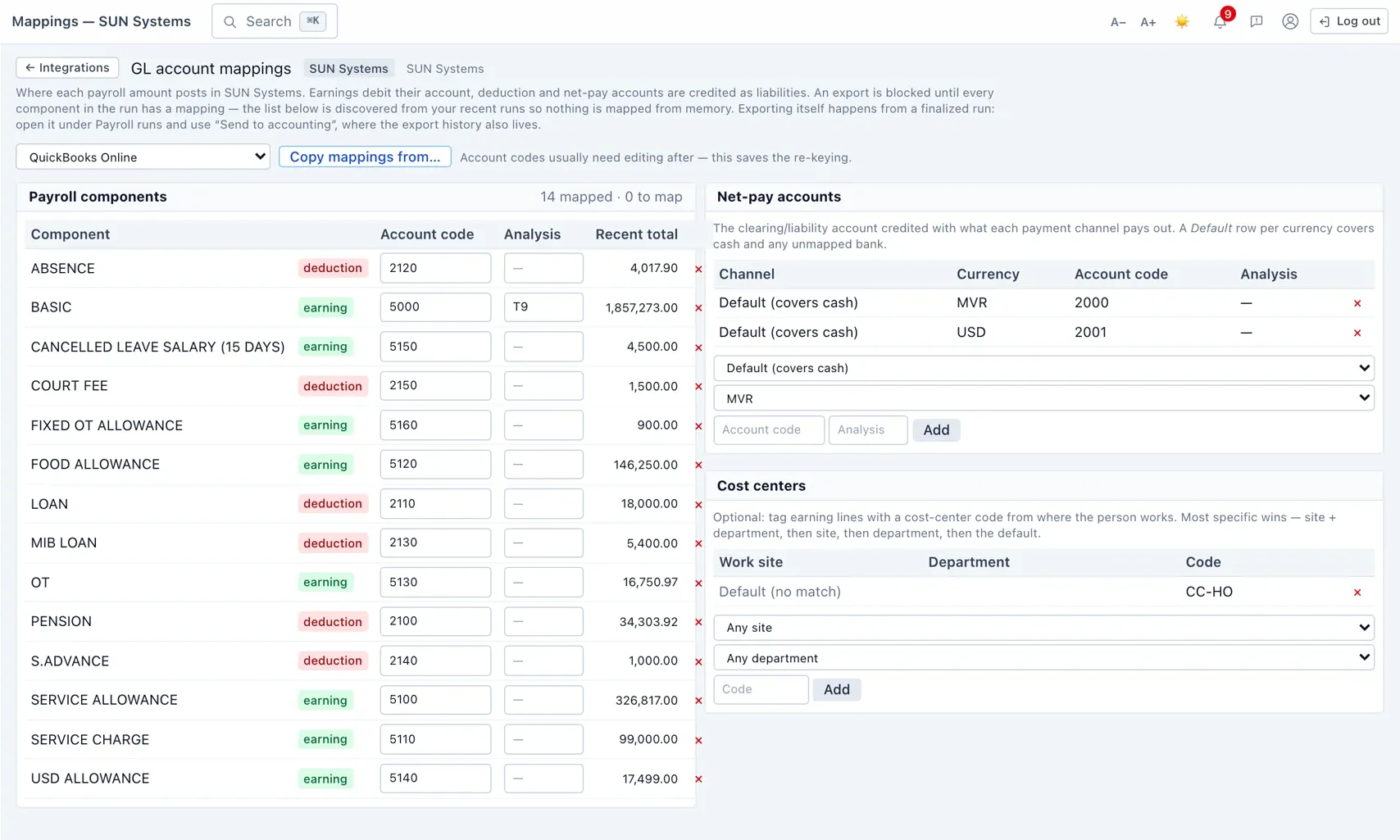Mapping pay components, cost centres and net pay to your ledger accounts — set once per integration.