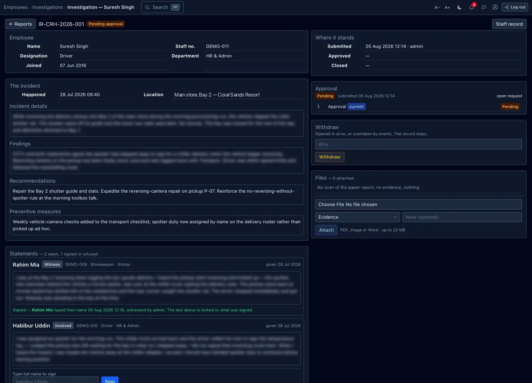 A case record — the incident, findings, attachments and where it stands.
