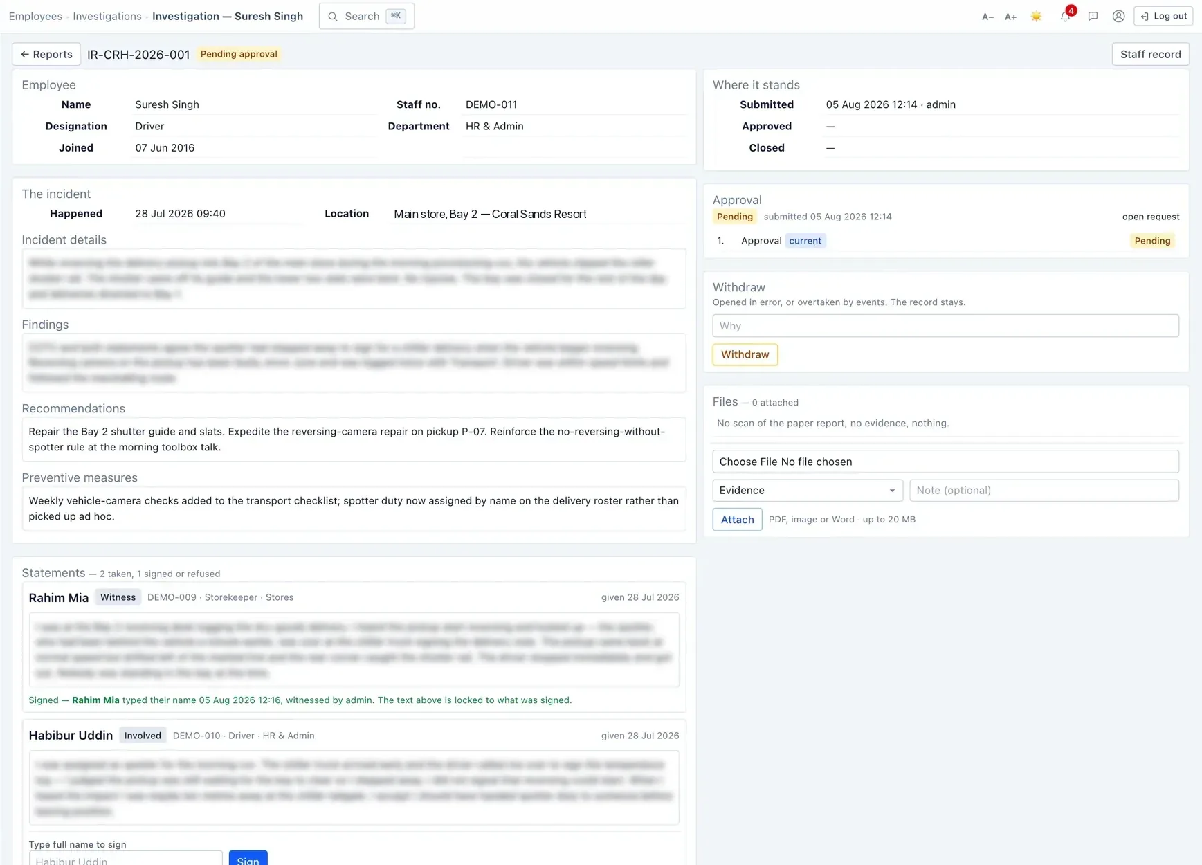 A case record — the incident, findings, attachments and where it stands.