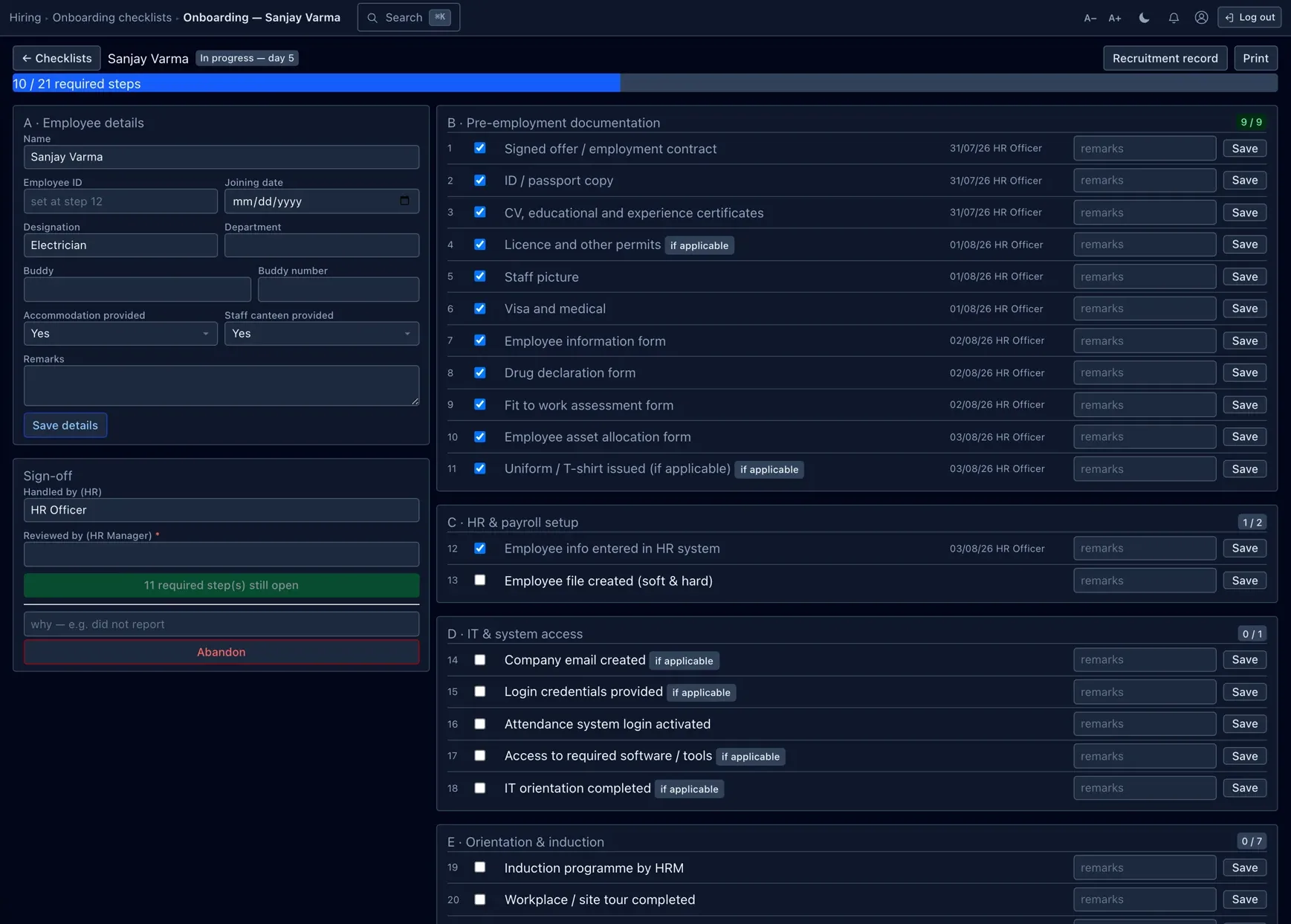 An onboarding checklist — pre-arrival paperwork through to system access, tracked to sign-off.