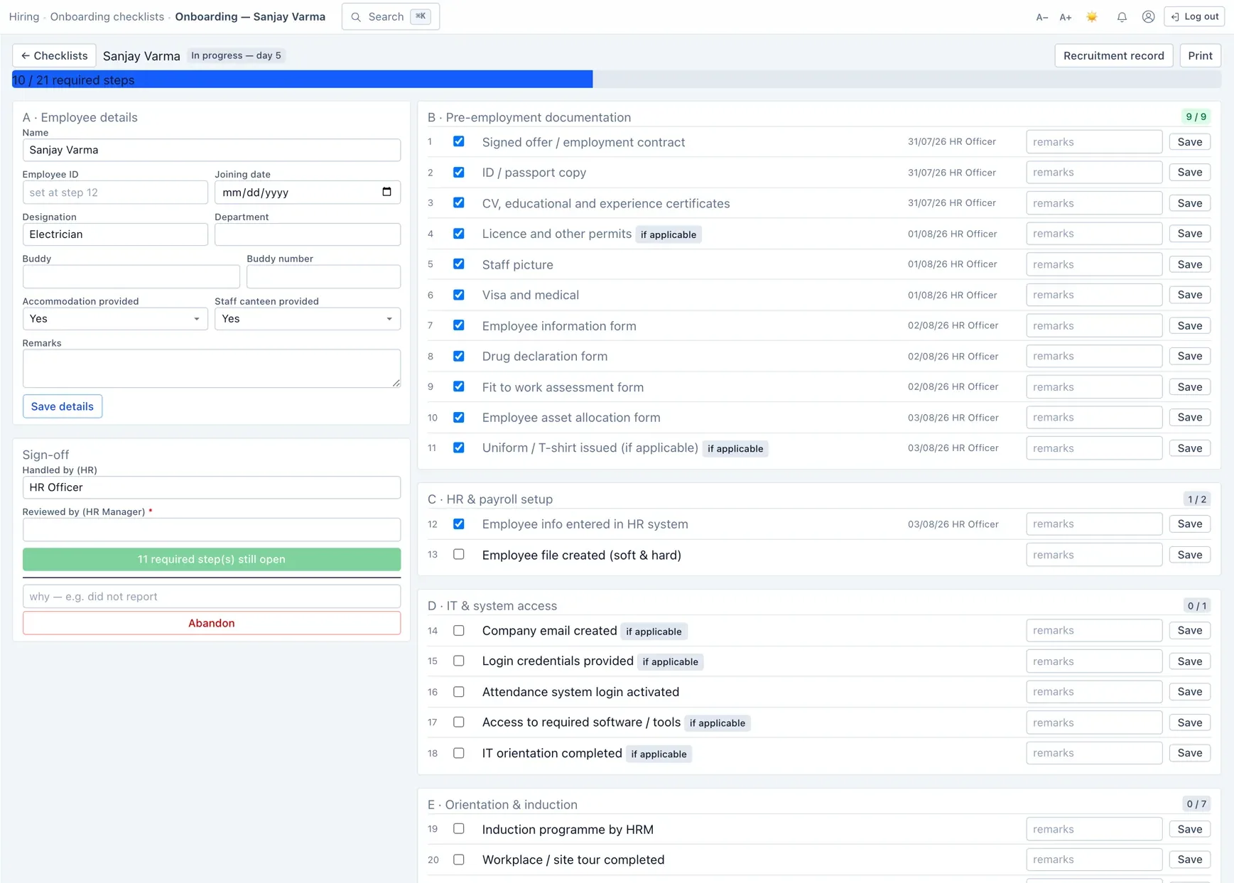 An onboarding checklist — pre-arrival paperwork through to system access, tracked to sign-off.
