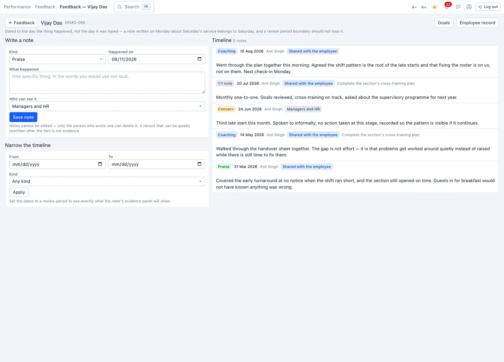 Feedback for one person — dated notes written when things happened, each with a kind and a visibility, filterable to a review period.