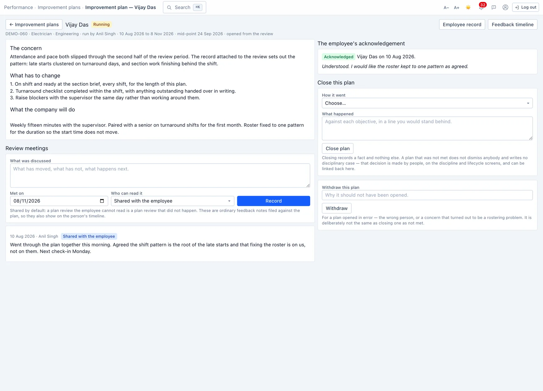 An improvement plan — the concern, what has to change, the support the company will provide, the dated review meetings, and the employee's acknowledgement.