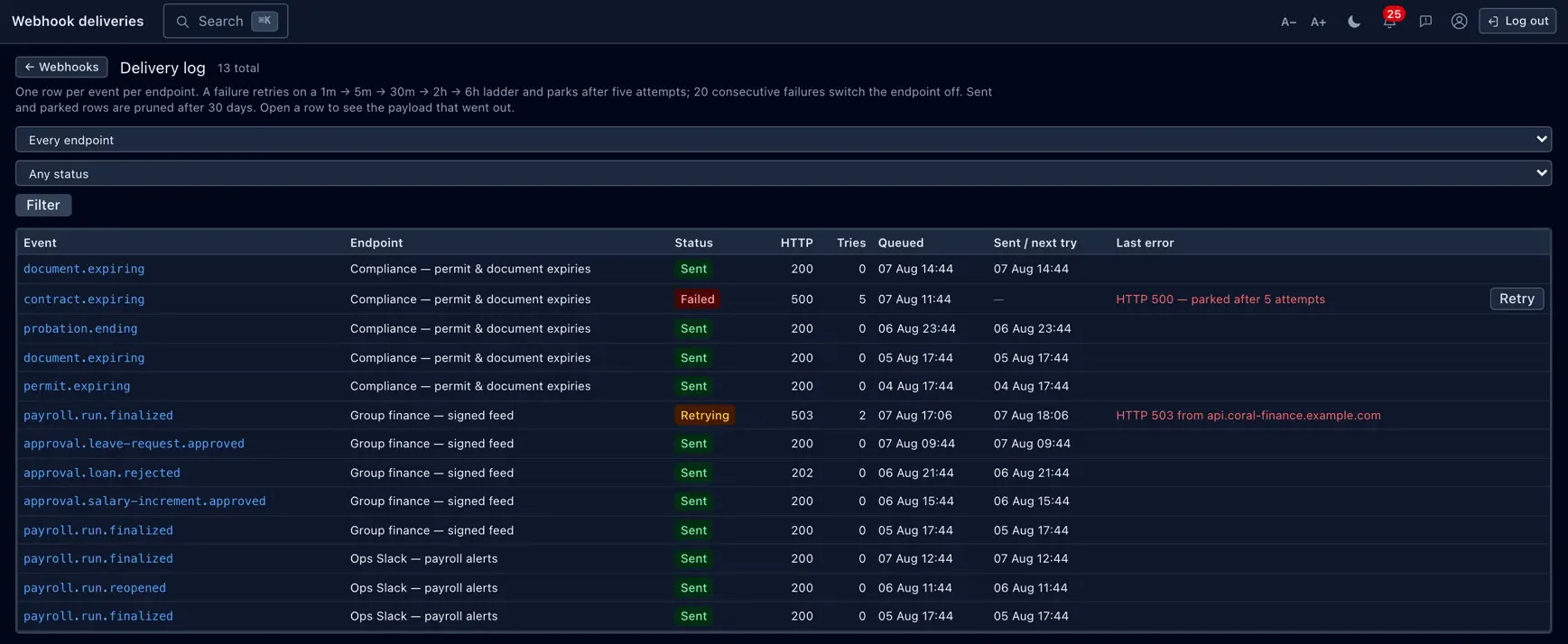 The delivery log — every attempt, its status, and one-click retries.
