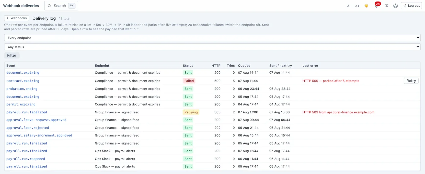 The delivery log — every attempt, its status, and one-click retries.