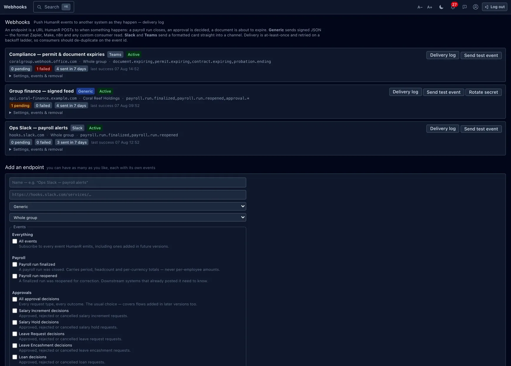 Adding an endpoint — point HumanR at a URL and choose the events to send.