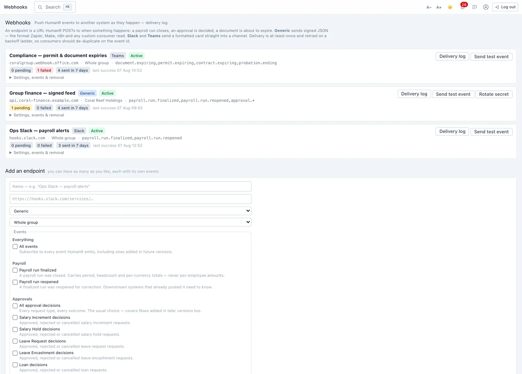 Adding an endpoint — point HumanR at a URL and choose the events to send.