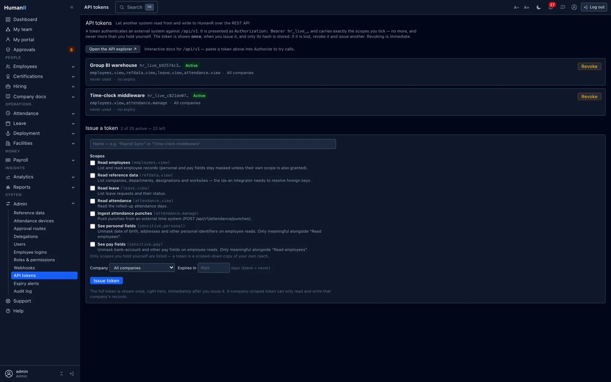 HumanR API tokens — two active tokens shown by short prefix with their scopes, alongside the issue form listing every available scope