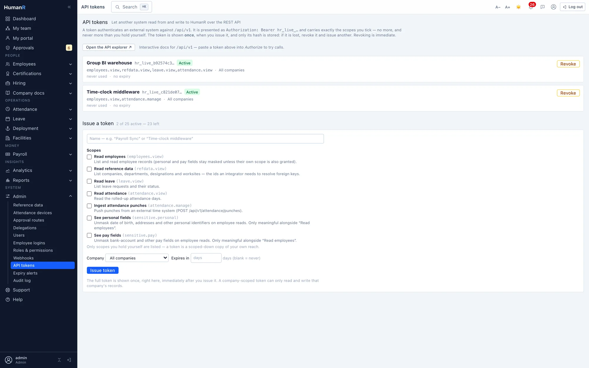 HumanR API tokens — two active tokens shown by short prefix with their scopes, alongside the issue form listing every available scope