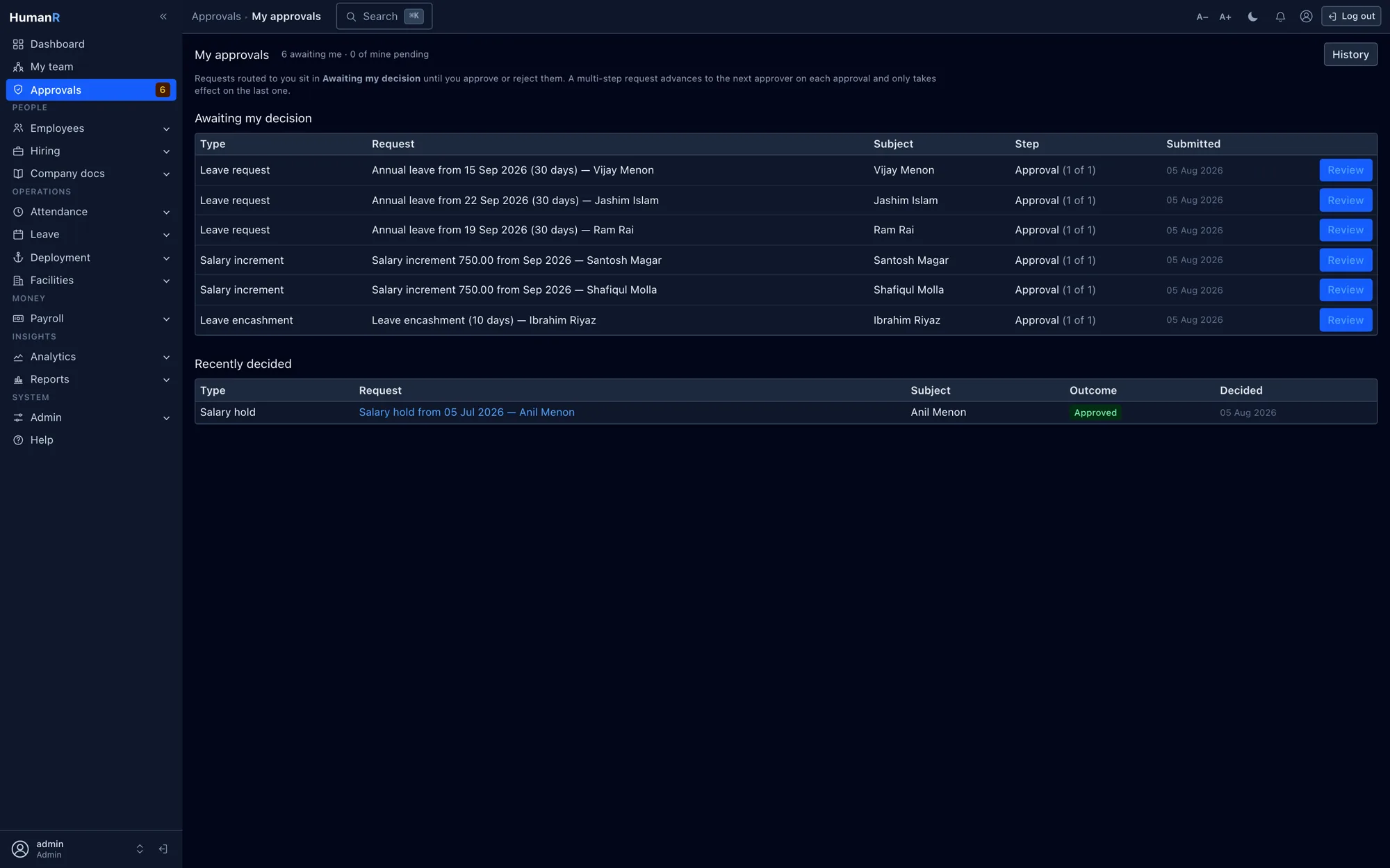 HumanR approvals queue with pending requests