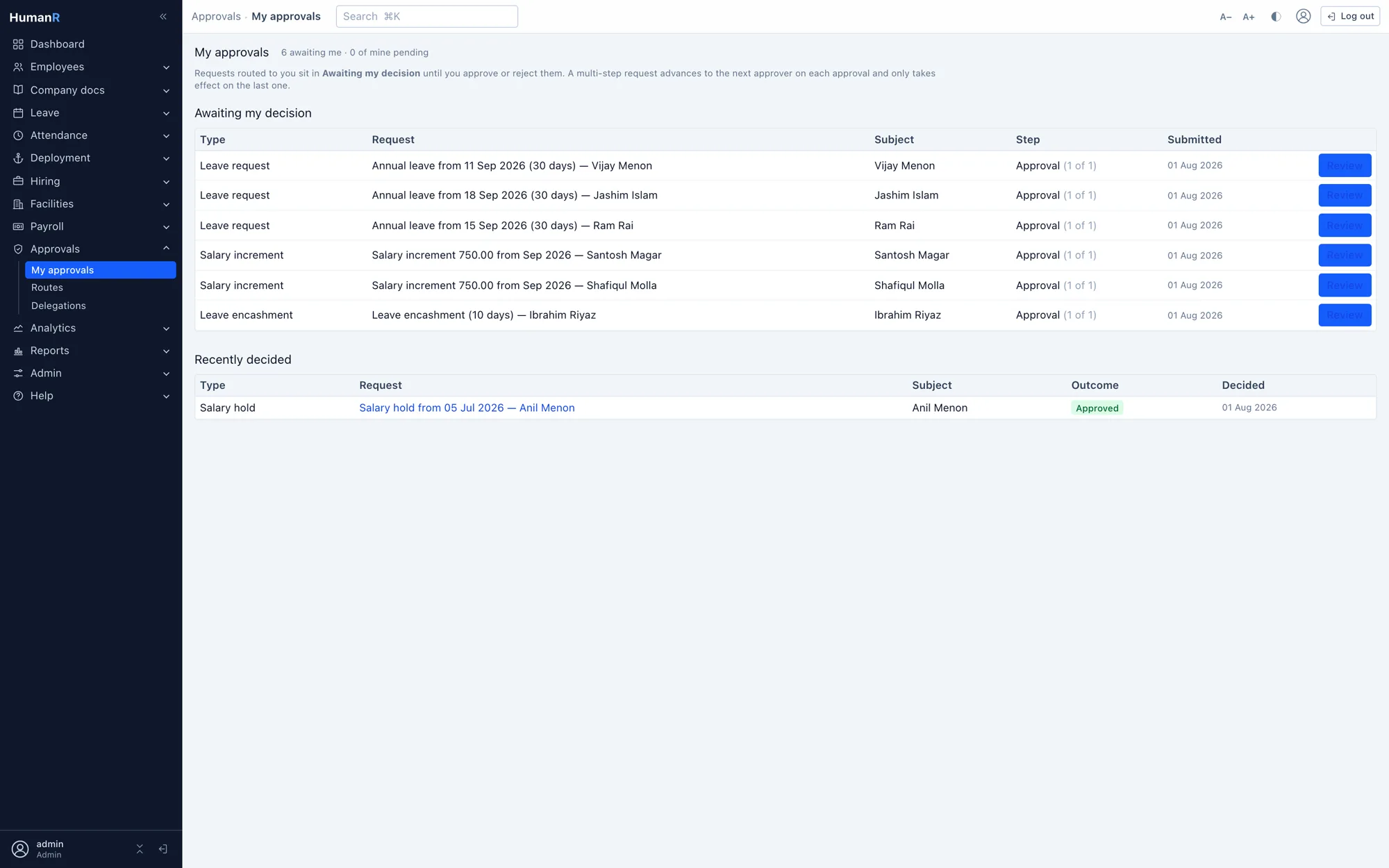 HumanR approvals queue with pending requests