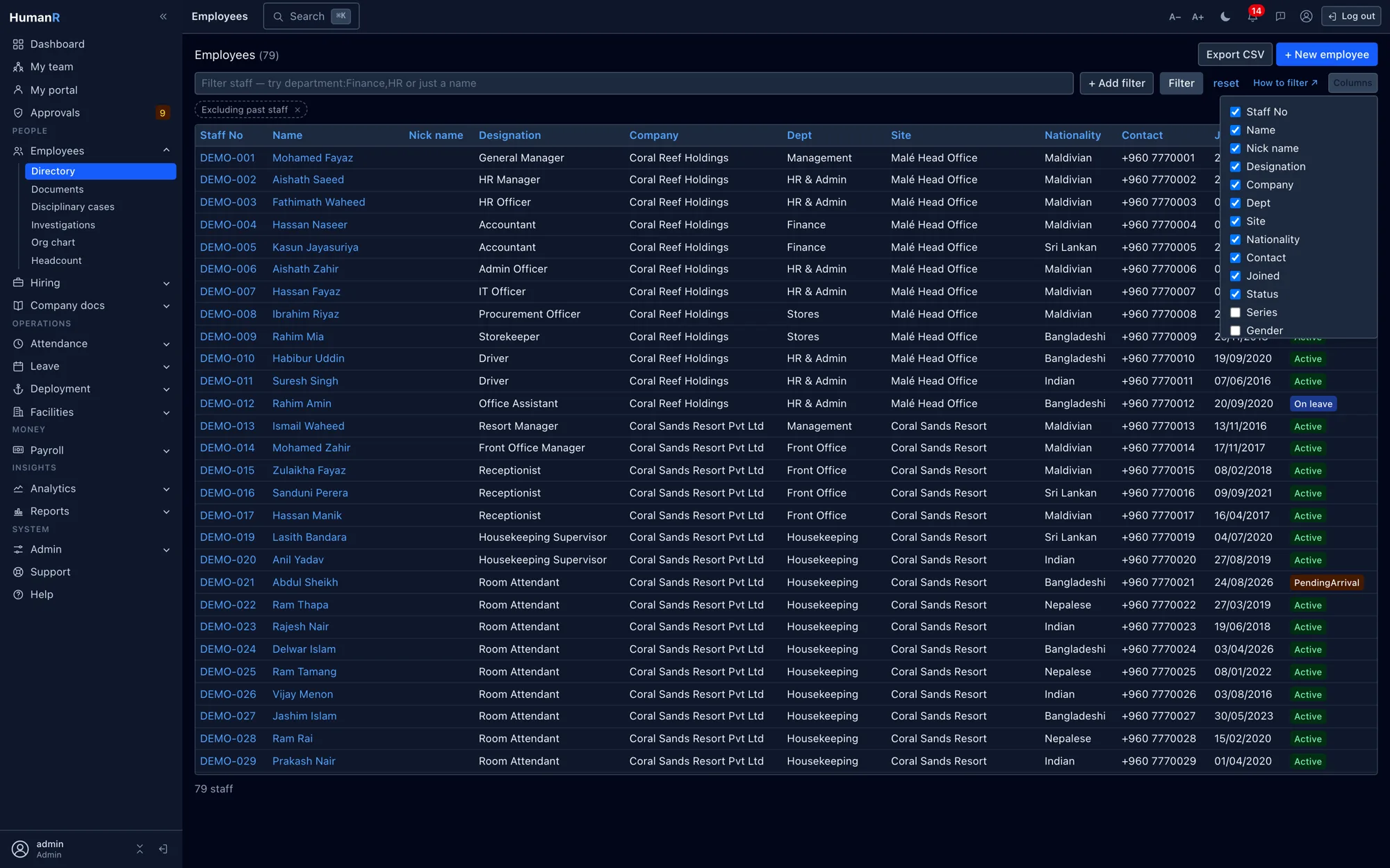HumanR column picker toggling table columns on the employee directory