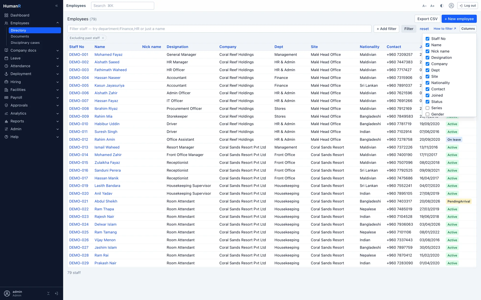 HumanR column picker toggling table columns on the employee directory