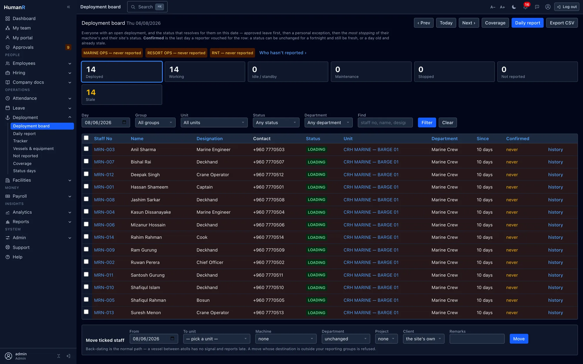 HumanR crew deployment board across sites and vessels