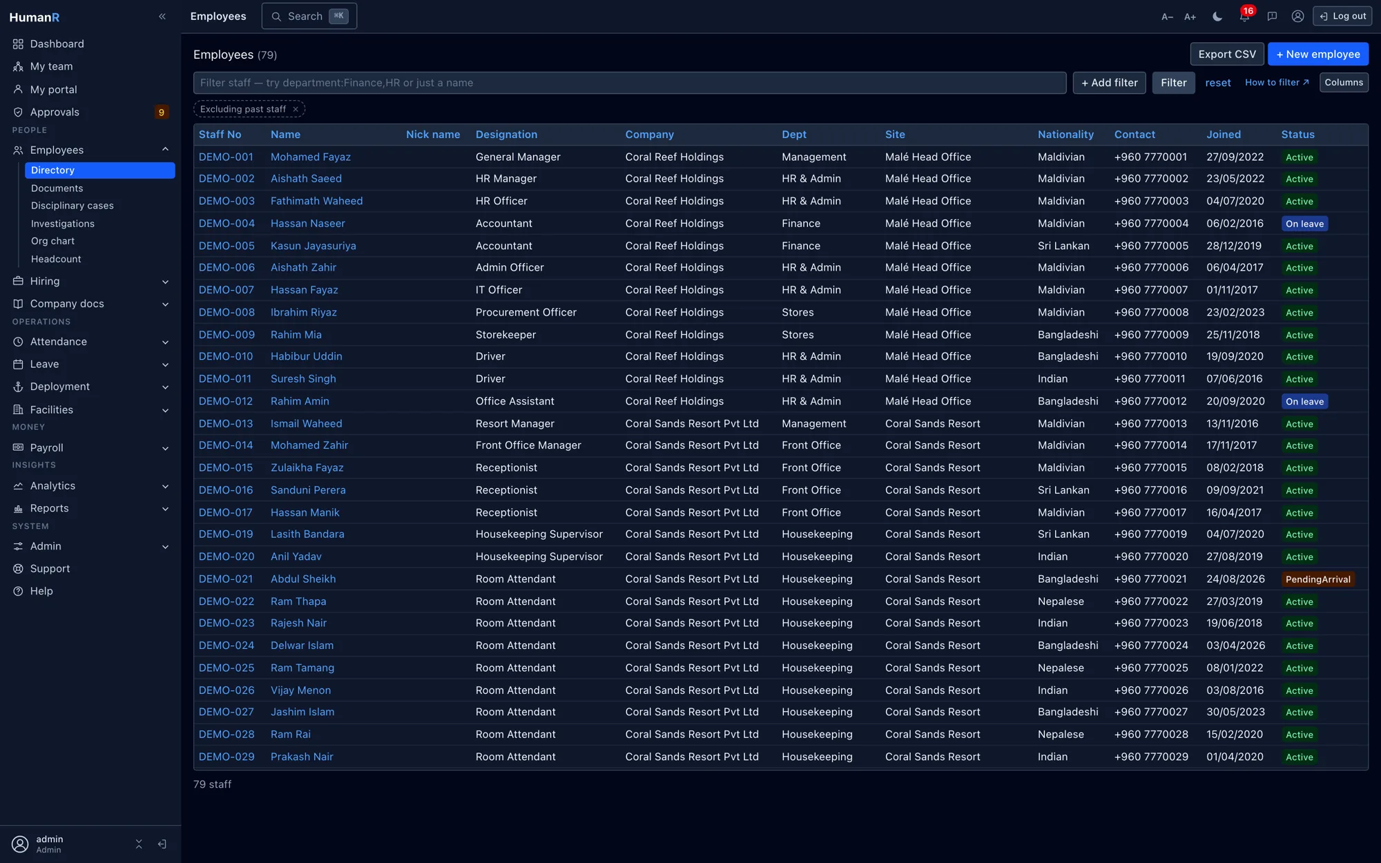 HumanR staff registry with live status, site and document columns