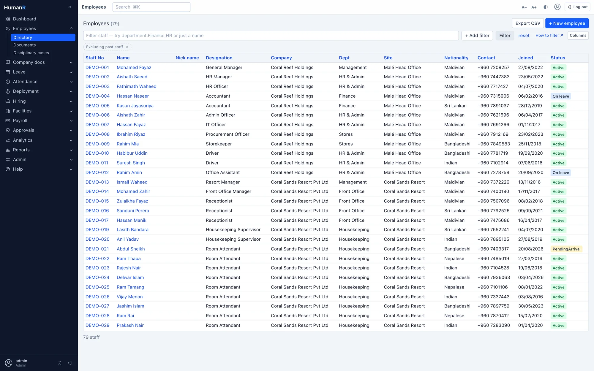 HumanR employee directory populated after an Excel import