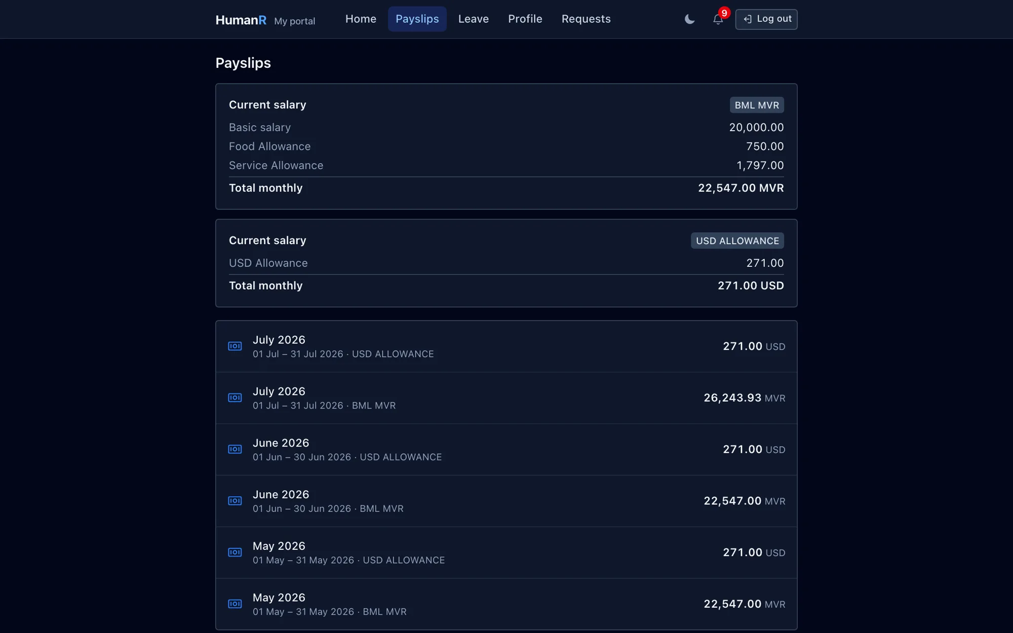 The HumanR employee portal showing an employee's current package and payslip history in MVR and USD