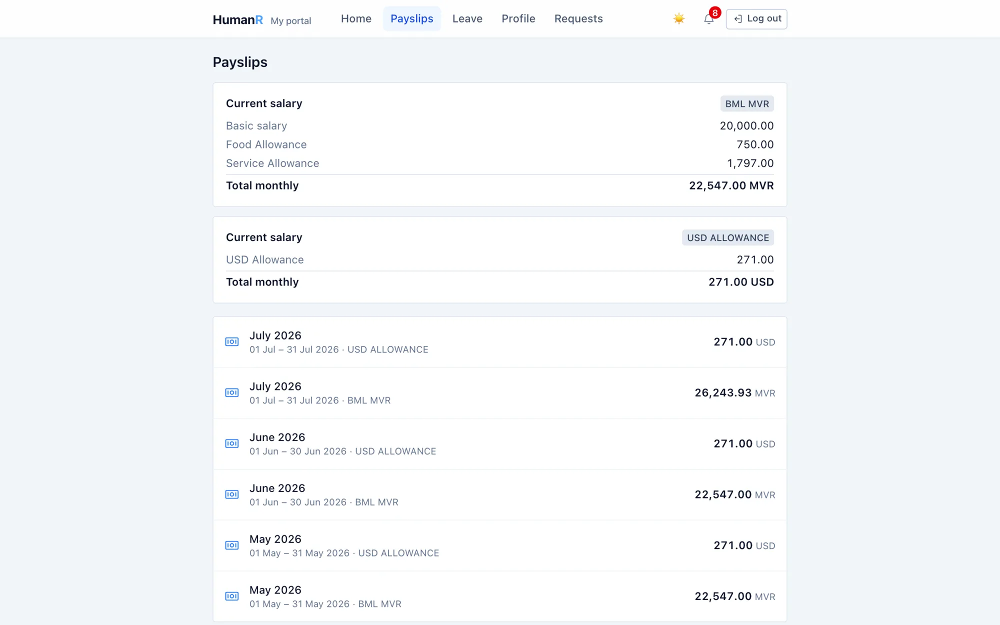 The HumanR employee portal showing an employee's current package and payslip history in MVR and USD