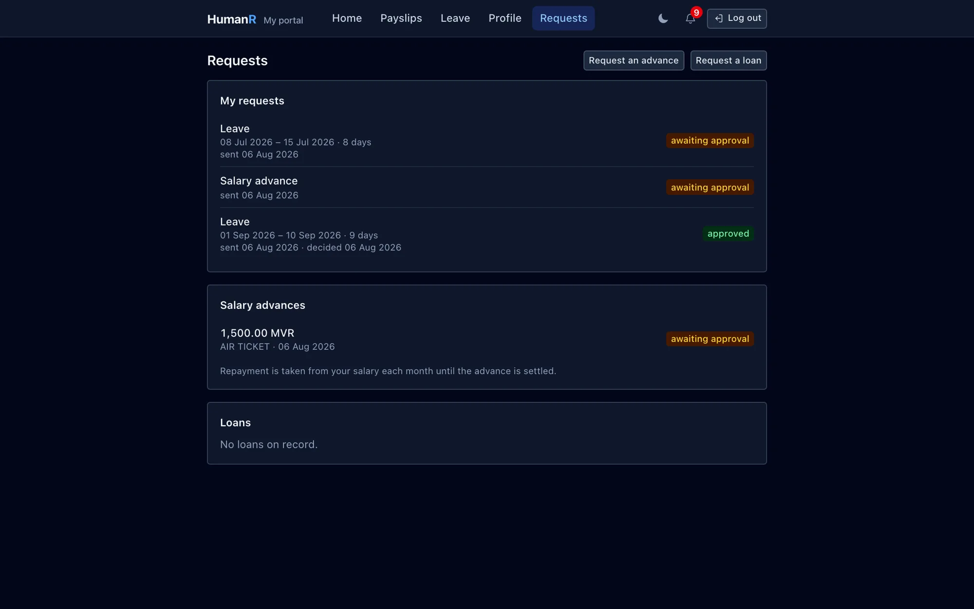 The HumanR employee portal request list with leave and salary advance requests and their approval status