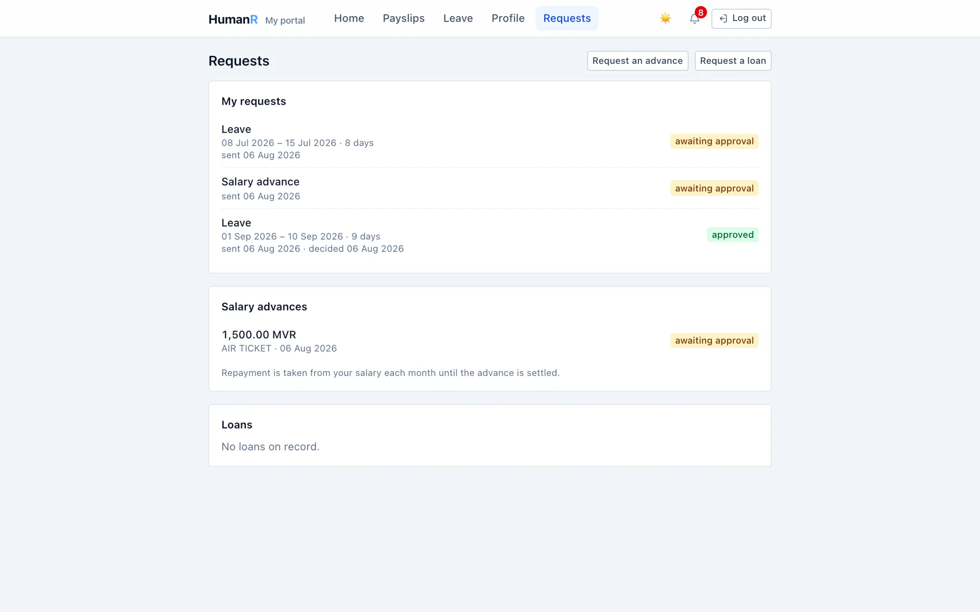 The HumanR employee portal request list with leave and salary advance requests and their approval status