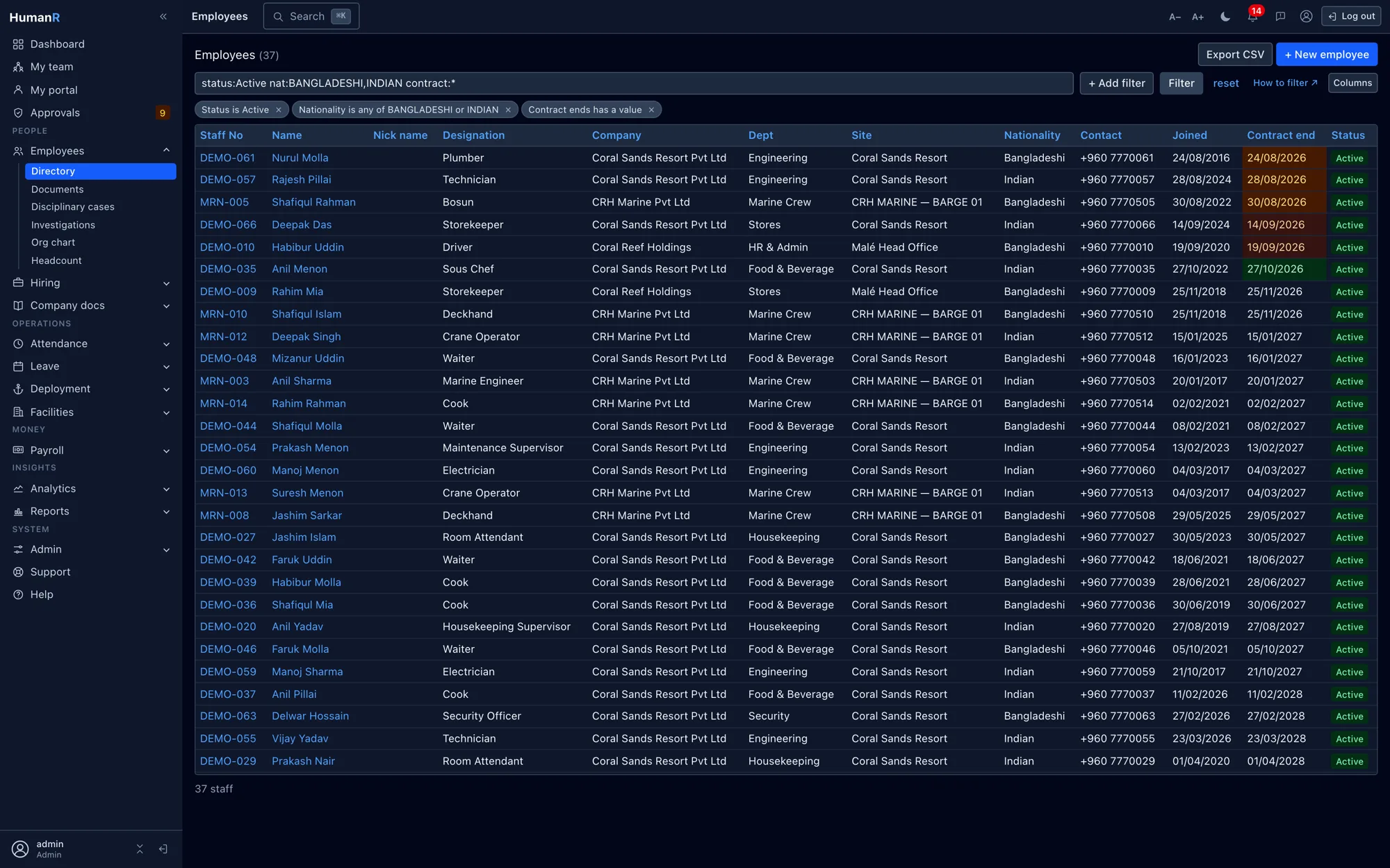 HumanR employee list filtered with a typed query, shown as plain-English filter chips