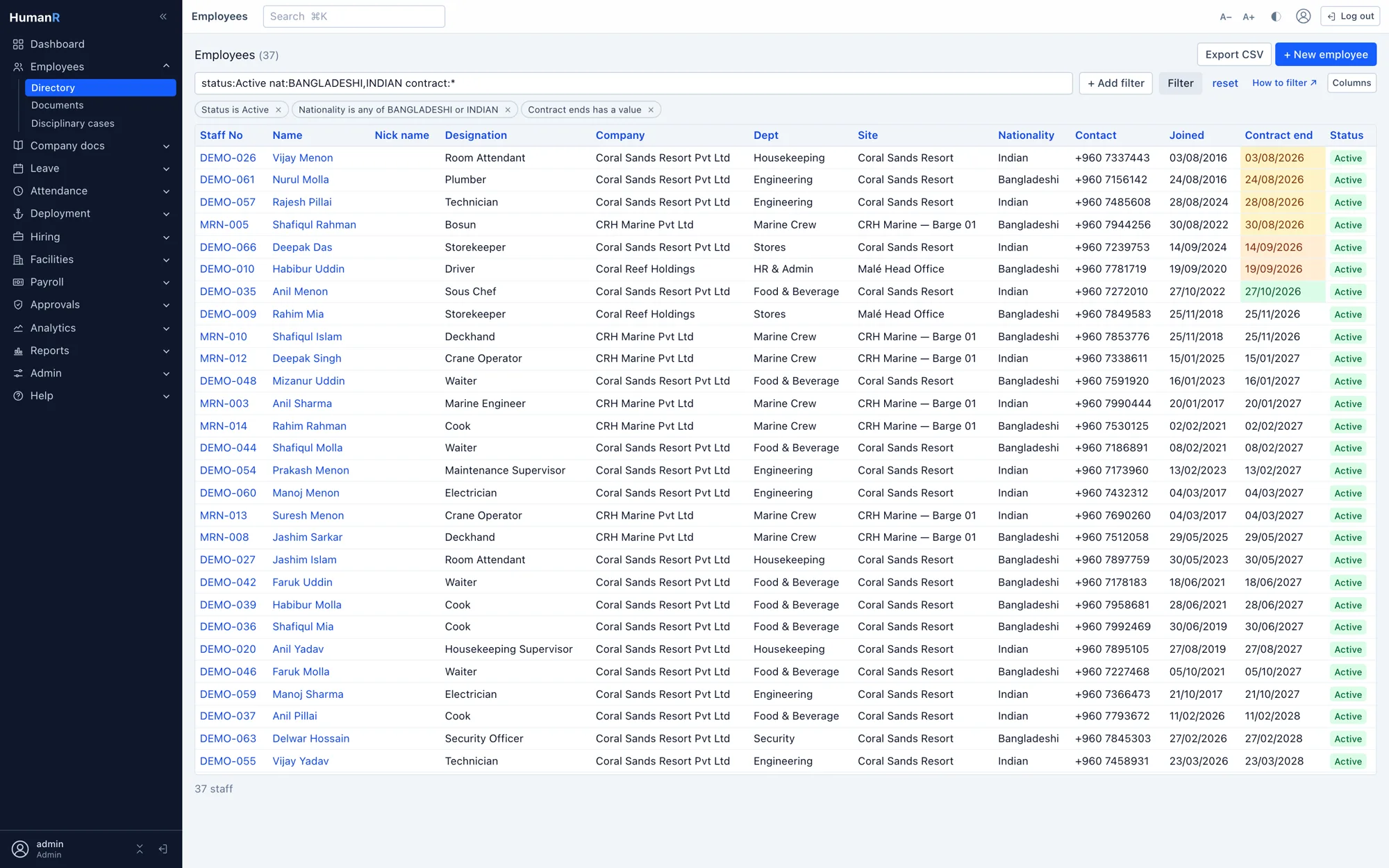 HumanR employee list filtered with a typed query, shown as plain-English filter chips