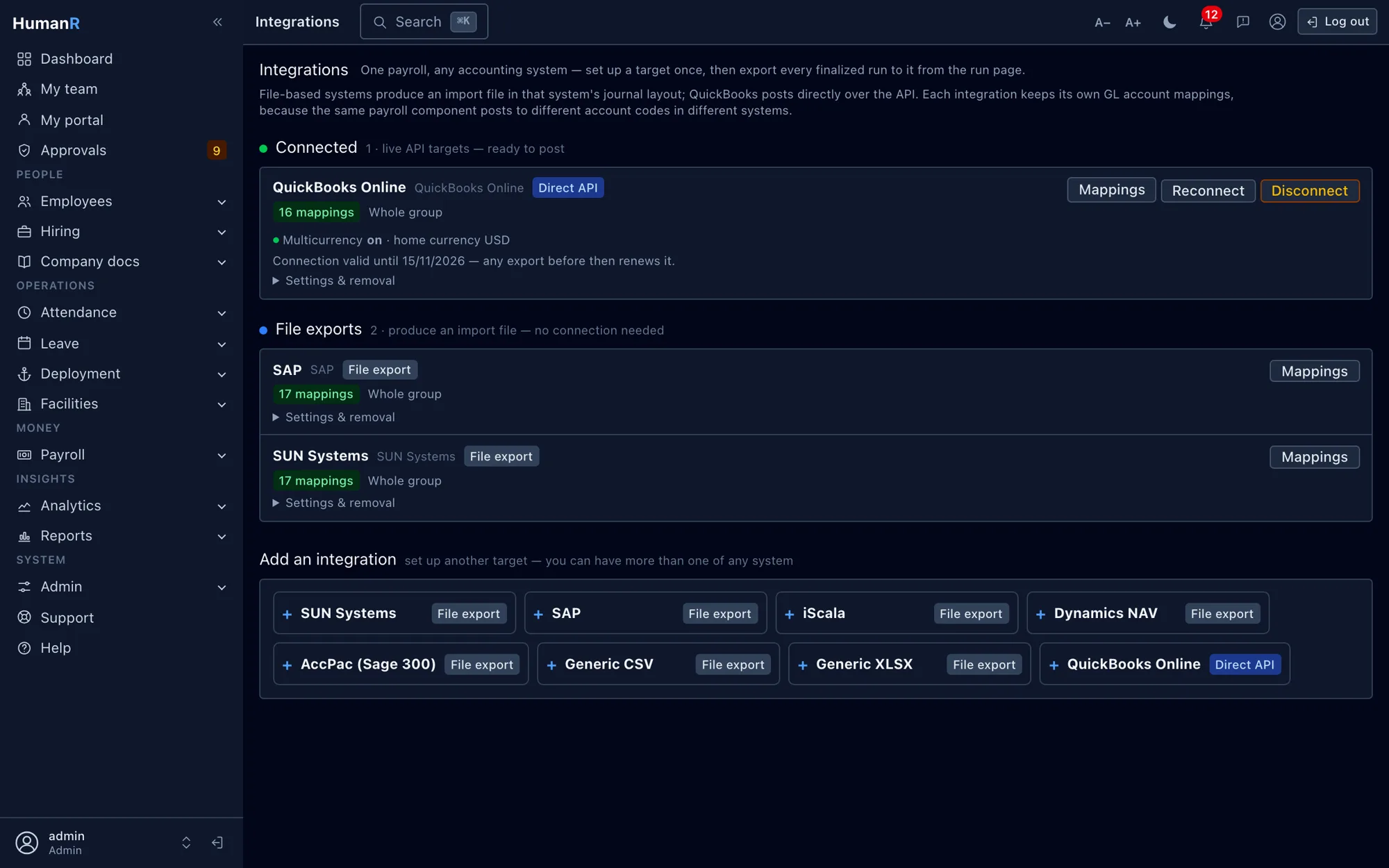 HumanR finance integrations — a connected QuickBooks Online target plus file exports for SUN Systems and SAP