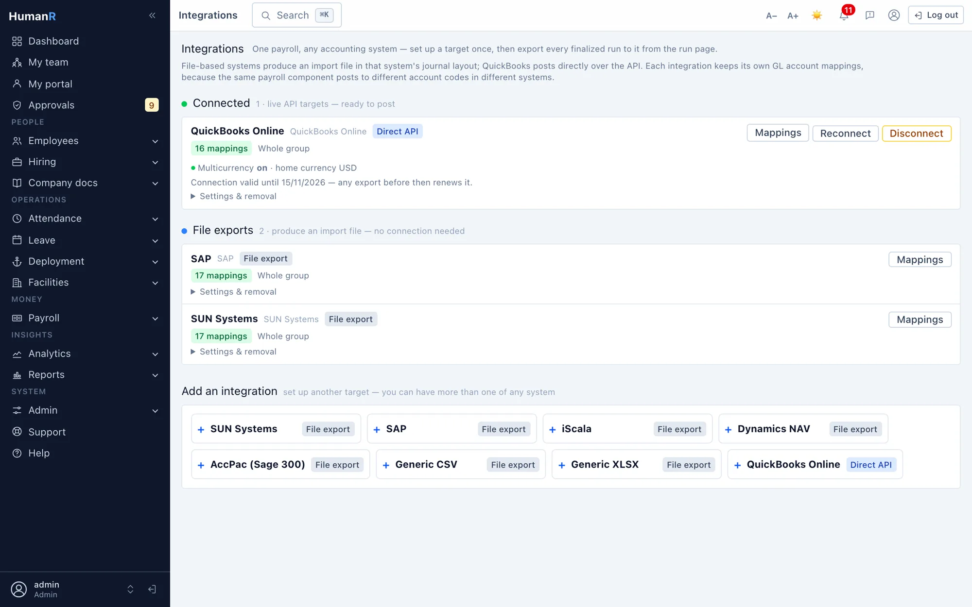 HumanR finance integrations — a connected QuickBooks Online target plus file exports for SUN Systems and SAP