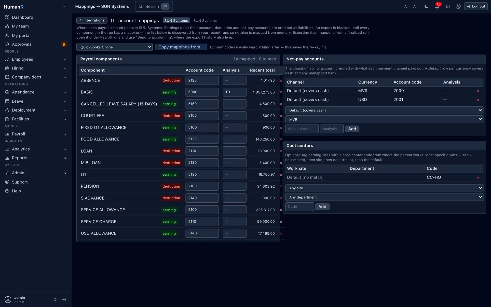 HumanR GL account mappings — payroll components mapped to account codes with net-pay and cost-centre accounts