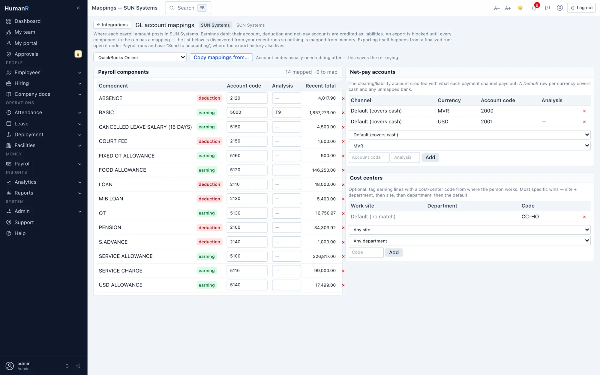 HumanR GL account mappings — payroll components mapped to account codes with net-pay and cost-centre accounts