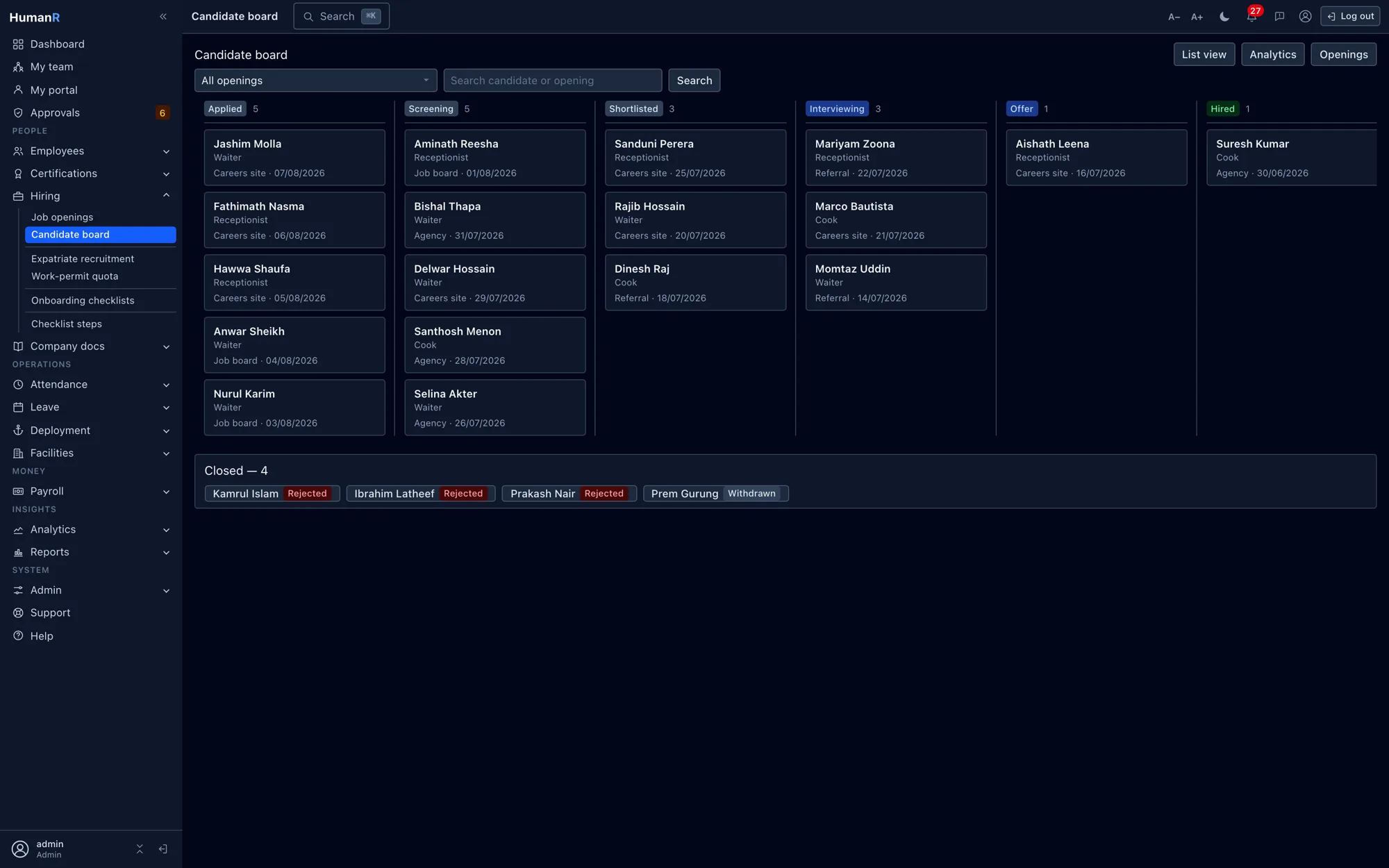 HumanR candidate board — every applicant on a card in one of six stage columns, from Applied through to Hired