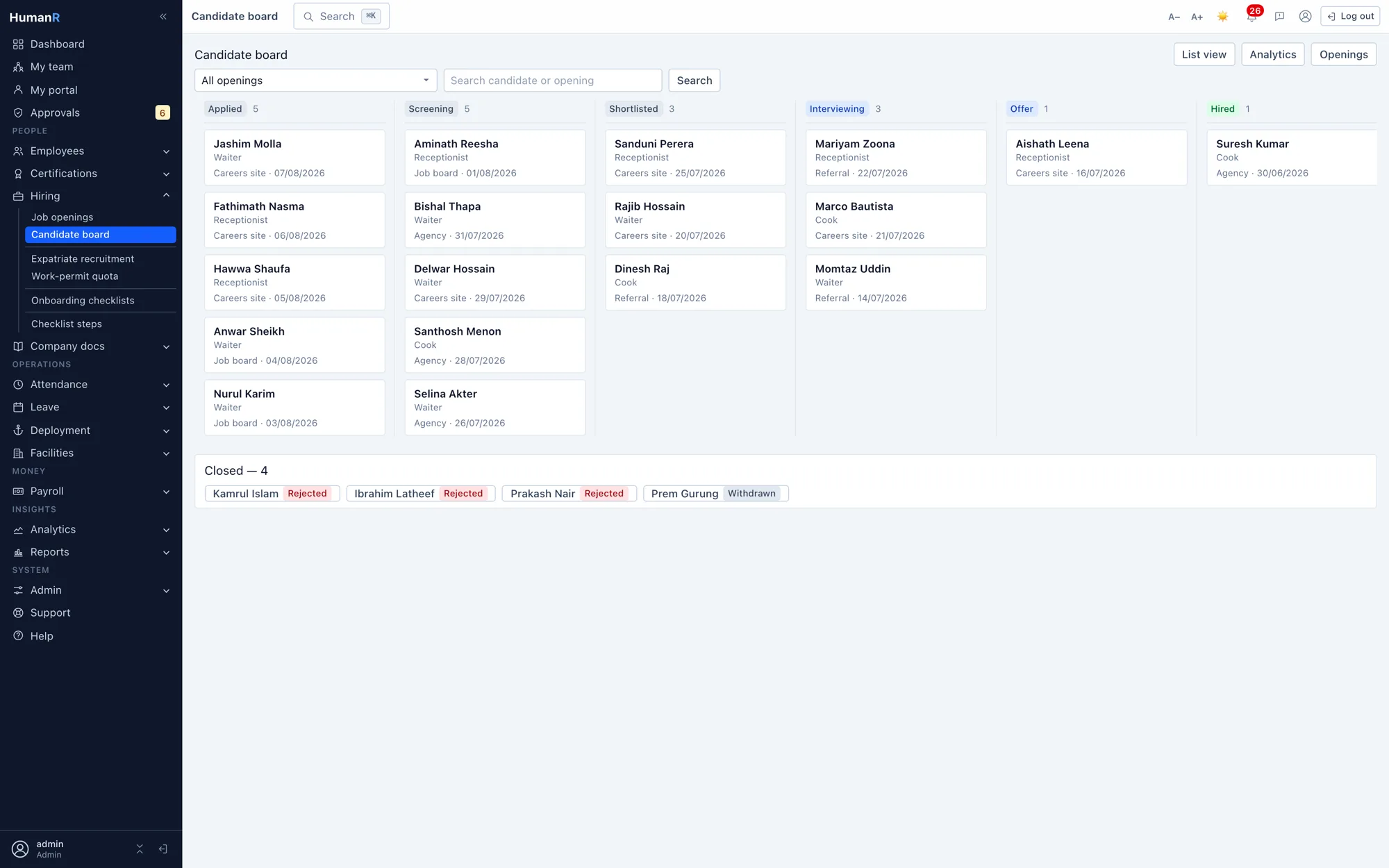 HumanR candidate board — every applicant on a card in one of six stage columns, from Applied through to Hired