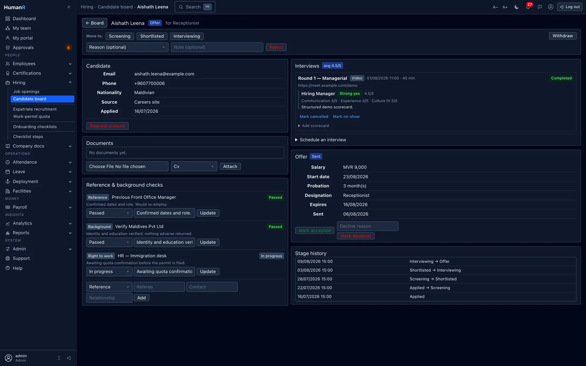 A candidate at offer stage in HumanR, showing the interview scorecard, reference and background checks, the sent offer and the full stage history