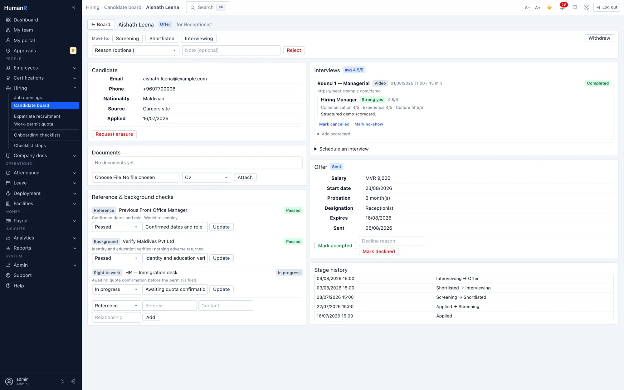 A candidate at offer stage in HumanR, showing the interview scorecard, reference and background checks, the sent offer and the full stage history