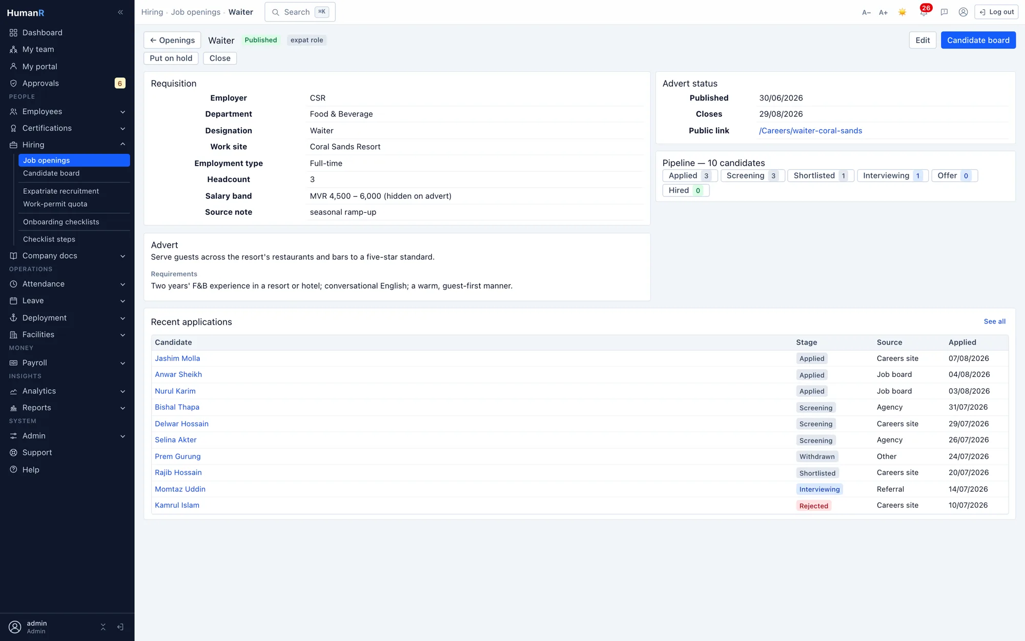 A published job opening in HumanR with its careers-portal link, pipeline counts by stage and the applications received