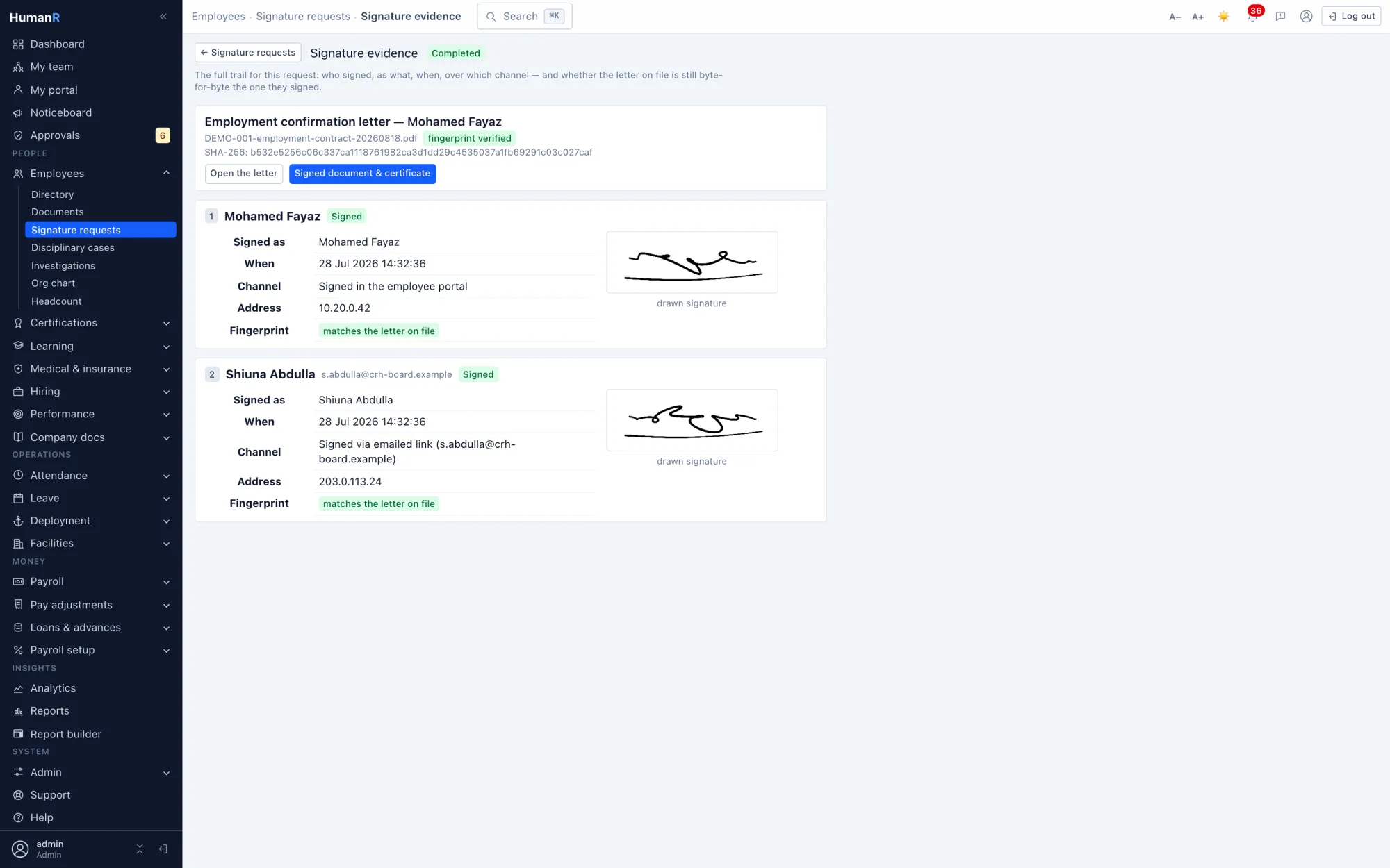 A HumanR signature evidence trail showing both signers, when and over which channel each signed, their addresses, drawn signatures and a SHA-256 fingerprint matching the letter on file