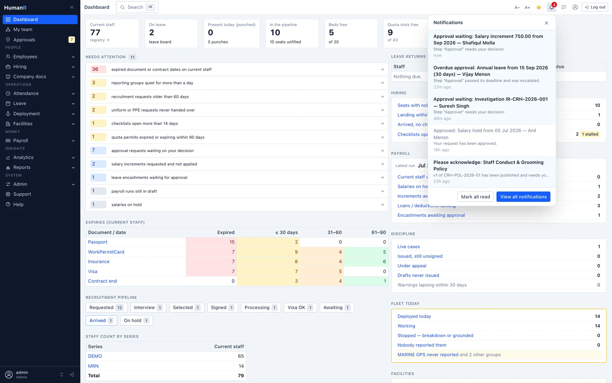 The HumanR notification bell open over the dashboard with unread approvals